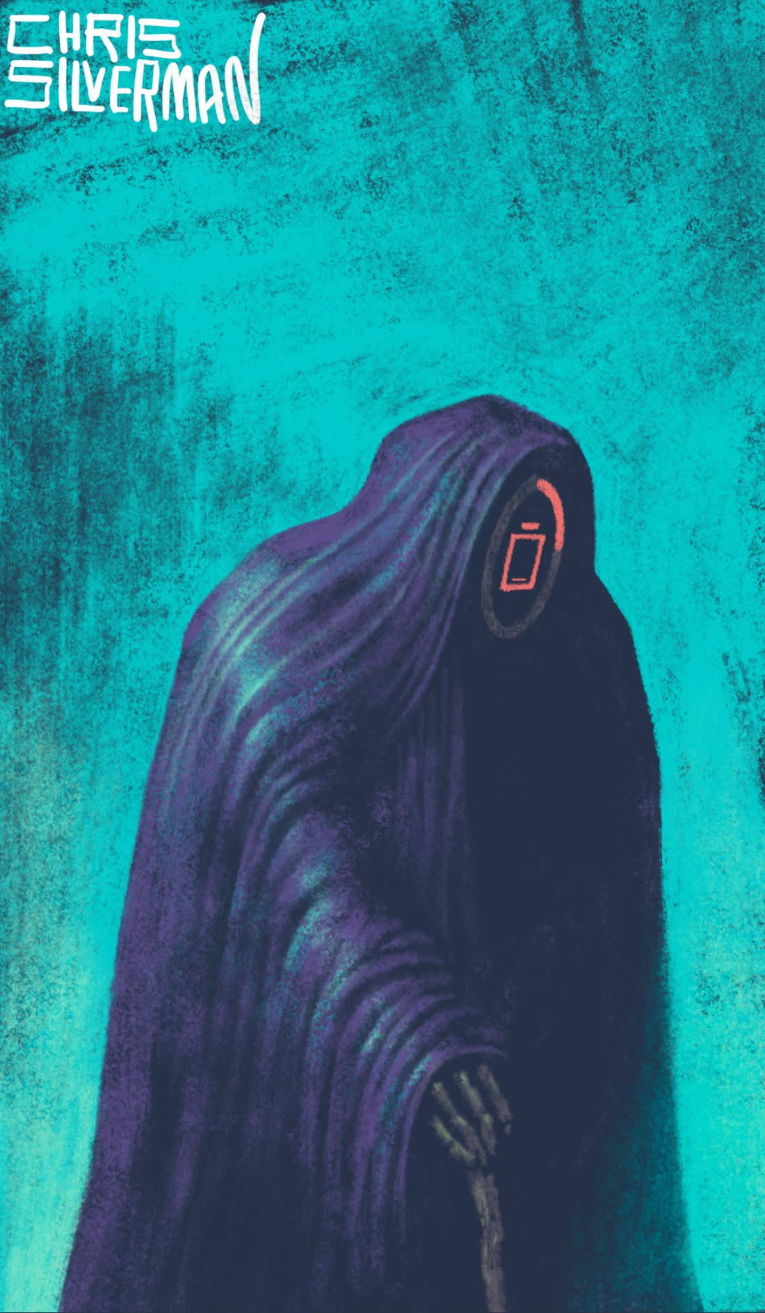 A figure in a heavy purple robe stands under a blue evening sky. The figure is mostly unseen, buried under the robe; one skeletal hand is visible, holding a walking stick. Under the hood, where its face would be, is a red icon of a low battery encircled by an Apple-esque charging ring: a gray circle with a short red arc indicating that the charge is low. The robe has a greenish sheen to it. In the distance is a blurry hint of trees. The painting is signed "Chris Silverman".