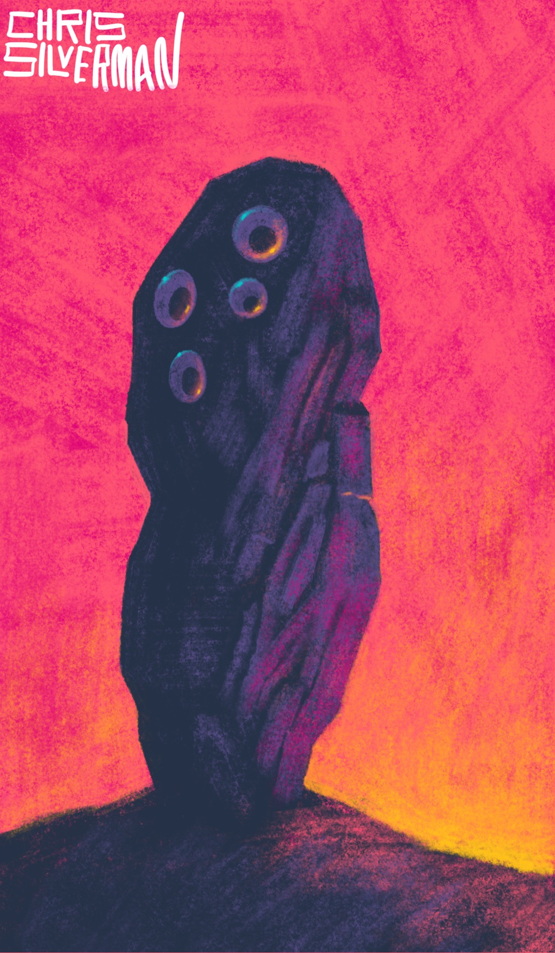 A tall, craggy, oblong boulder stands on a small hill at sunset. The sky is pink, with yellow at the horizon. The boulder has a dark purplish color to it. On its darker side are fixed four googly eyes, the kind one would find at a crafts store. The painting is signed "Chris Silverman".