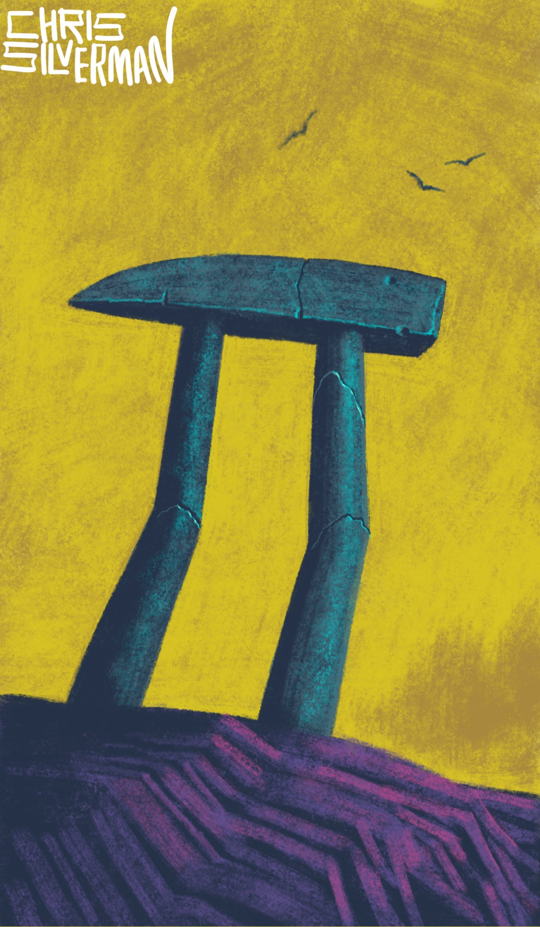 A tall, stone Greek letter pi stands against a yellow sky. The letter looks like a monument, and is slightly chipped and cracked. The ground is rocky and purple. There's a blurry yellow treeline in the background. A few birds circle above. The painting is signed "Chris Silverman".