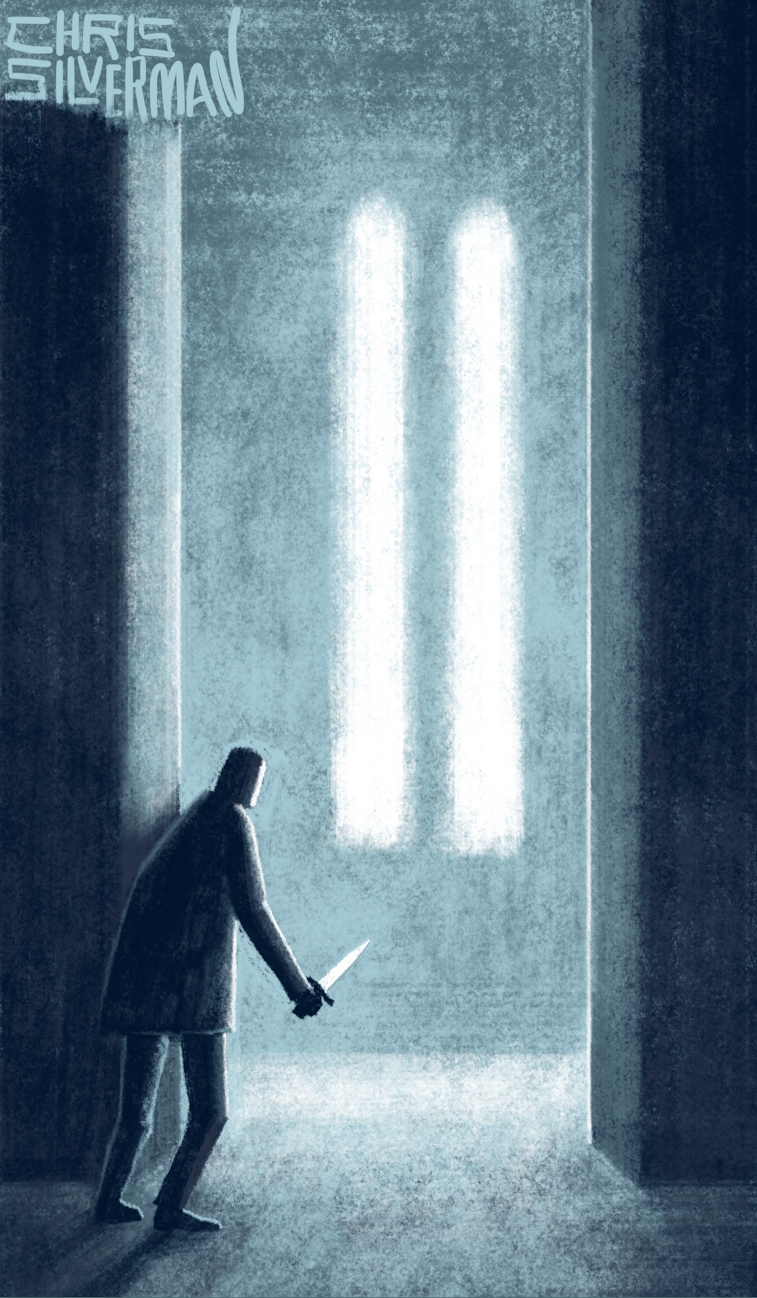 A dark figure stands in a doorway somewhere in a vast, stone building. The doorway is relatively narrow compared to its height, which reaches up indeterminately. The interior of the room in which the figure stands is dark. The doorway opens onto a hallway, which is brightly illuminated by white light from two very tall, glowing windows. The figure is clutching a dagger and appears to be waiting for someone. The painting is signed "Chris Silverman".