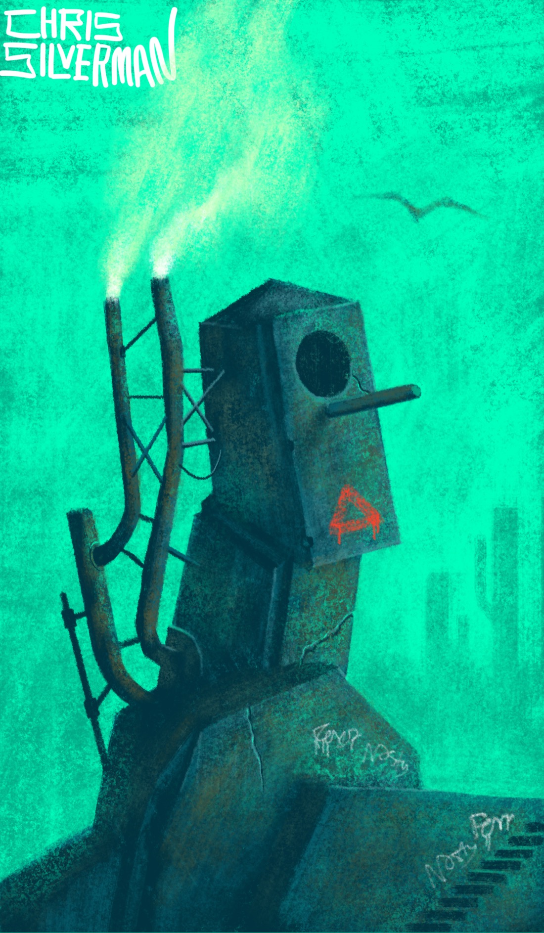 A surreal, industrial landscape: a lopsided stack of concrete shapes against a neon green sky. The shapes do not have the precision or symmetry of an industrial facility; they look thrown together haphazardly, with a chaotic collection of tall exhaust pipes bolted onto the back. The result is some sort of facility that looks like it was designed and assembled by a severely disoriented engineer. The concrete is grungy and cracked, with several graffiti tags visible. A small stairway leads down. The topmost box has a round hole and a rod sticking out of it, like a birdhouse. A bird can be seen flying off into the smoggy sky. A few hazy outlines of factories are visible in the distance. The painting is signed "Chris Silverman".