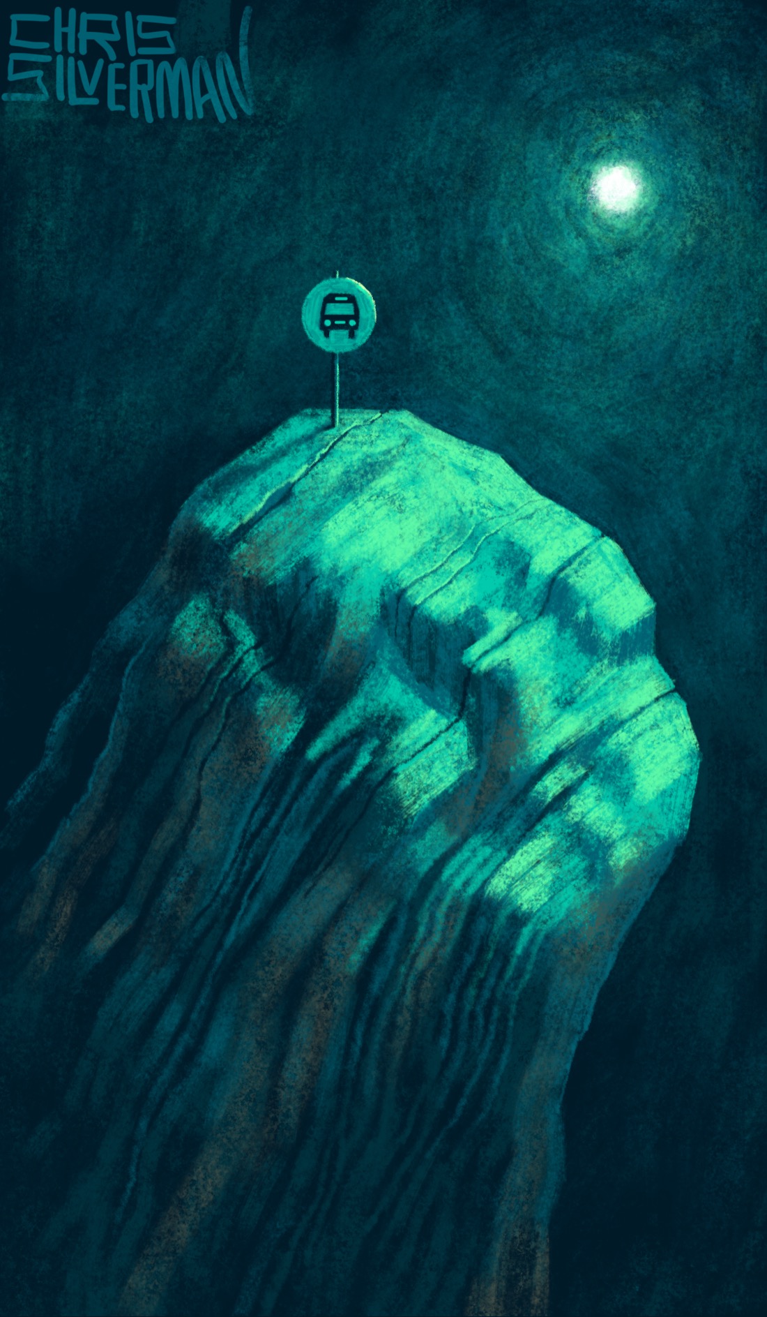 A tall, craggy tower of rock with many layers looms up into the greenish light cast by a distant moon. Planted on top of the rock, where no bus could ever travel to, is a small round sign with a bus icon on it. The painting is signed "Chris Silverman".
