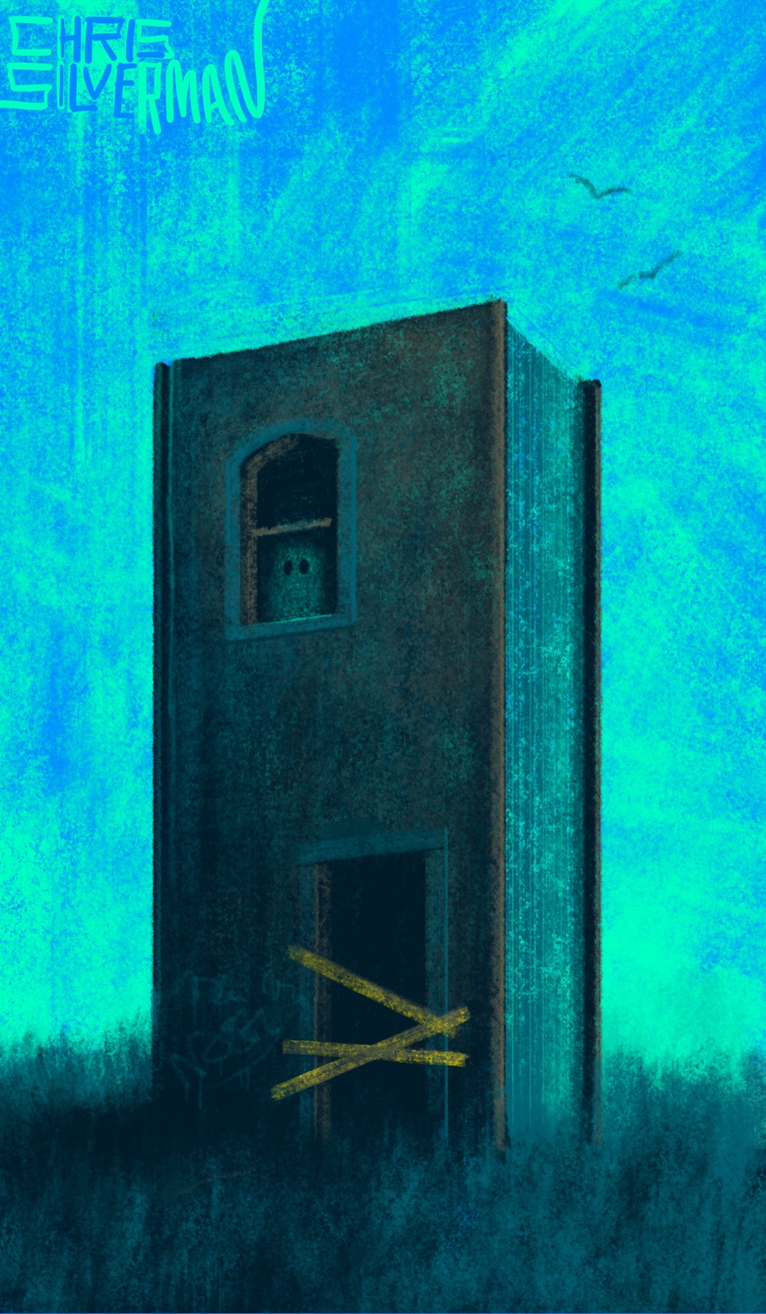 A dark, dingy book the size of a multi-story building stands in the middle of a drab gray meadow under a blue-green early evening sky. The book has a doorway without a door, and an upper-story window without glass, and looks like an abandoned building. A few faded graffiti tags are next to the door. Yellow tape is stretched across the doorway. In the window, a dim, ghostly figure can be seen. Two birds are in the sky. The painting is signed "Chris Silverman".