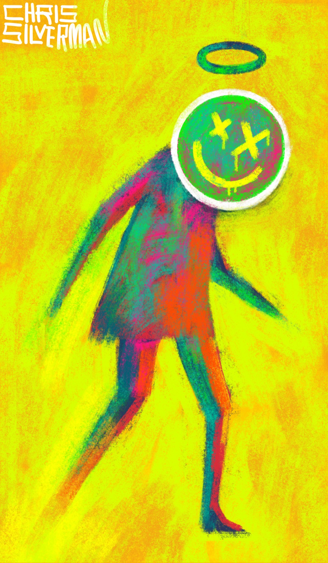 A rough, impressionist painting of a person seeming to step out of a blazing yellow-green haze that make up the entire background of the painting. The person is rendered in garish shades of green, blue, red, and crimson. Its head is covered by a round sticker of a greenish-red smiley-face with X's for eyes. The person has a dark green-tinged halo above its head. The painting is signed "Chris Silverman".