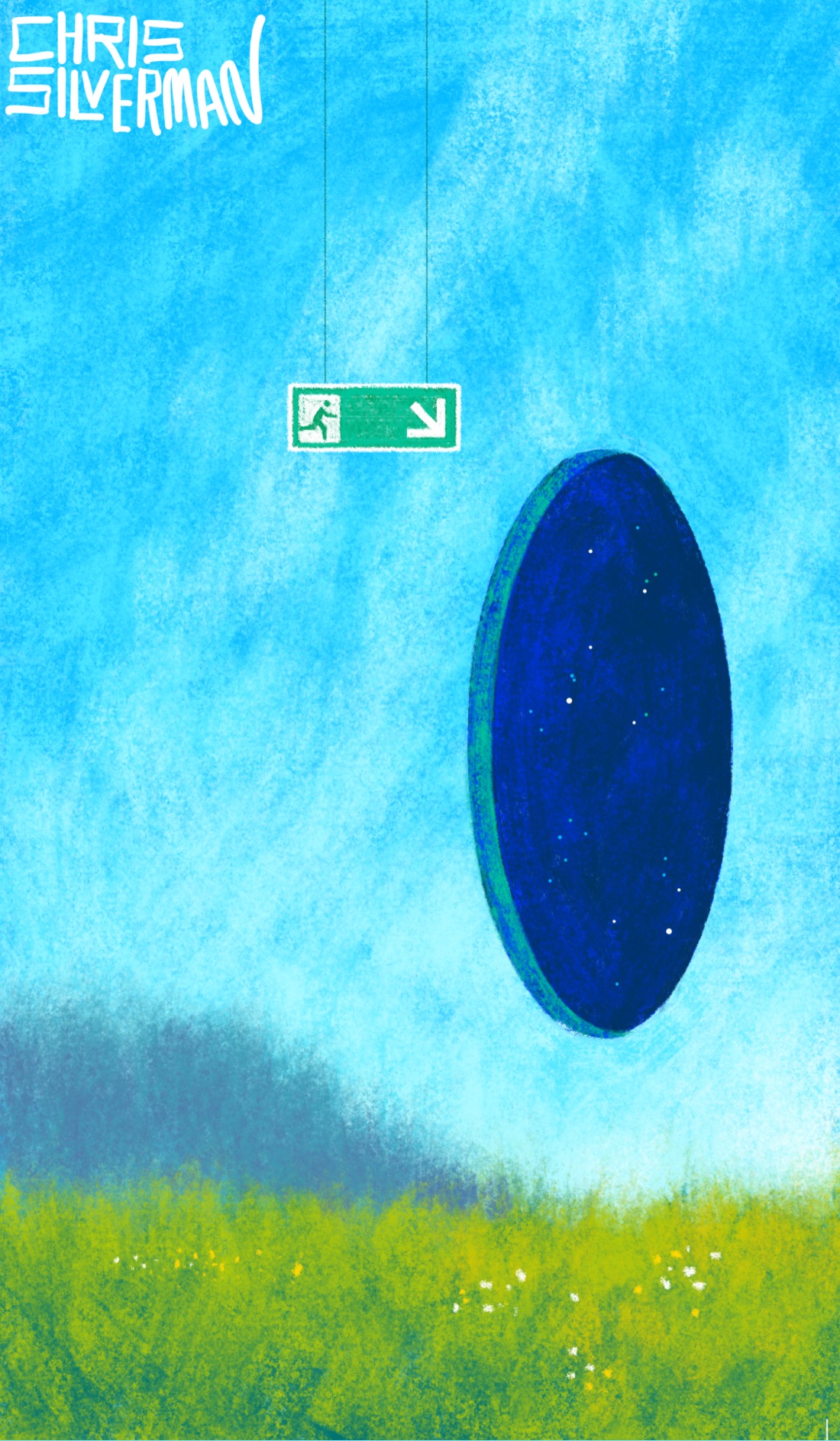 A wide green meadow under a blue sky. The meadow is dotted with small white and yellow flowers. There's a blurry gray treeline in the distance. In the foreground, hovering in the air, is a very precise hole in the sky, or maybe in existence itself: a portal that reveals a starry night sky beyond. Hanging down from the sky, attached to something unseen, is a small green exit sign: the green European kind, with a small running figure, and an arrow pointing to the hole. The painting is signed "Chris Silverman".