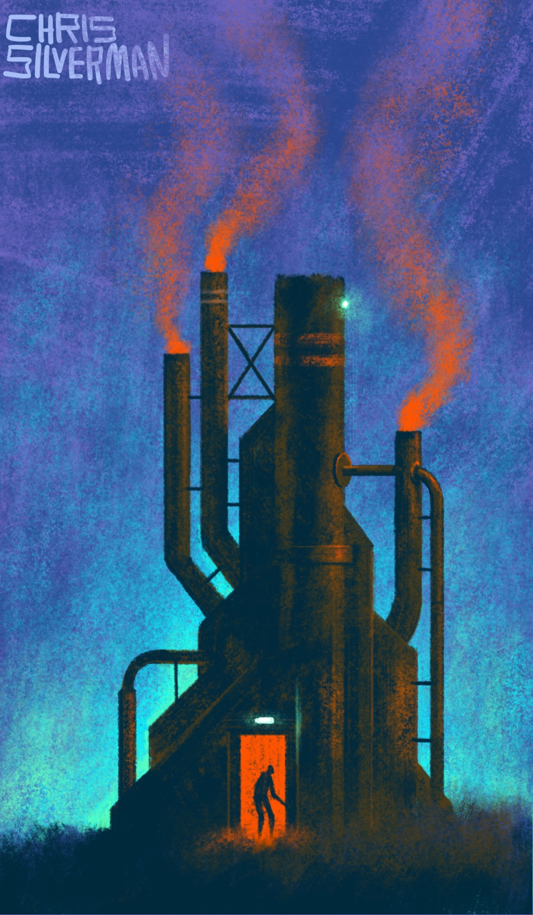 A rusty but still functional industrial facility: an arrangement of several tall smokestacks and pipes sticking out of a building. Orange smoke pours from the smokestacks, contrasting against the blue dusk sky. A door is open on the building, revealing a glowing orange interior. A figure stands in the doorway. The painting is signed "Chris Silverman".
