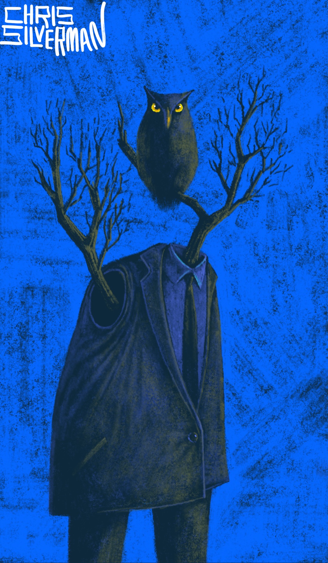 A figure wearing a suit and tie stands against a blue night sky. Where the figure's arm would be is a hole from which a tree branch is emerging. Where the figure's next would be is another tree branch, on which is sitting an owl with bright yellow eyes. The painting is signed "Chris Silverman".