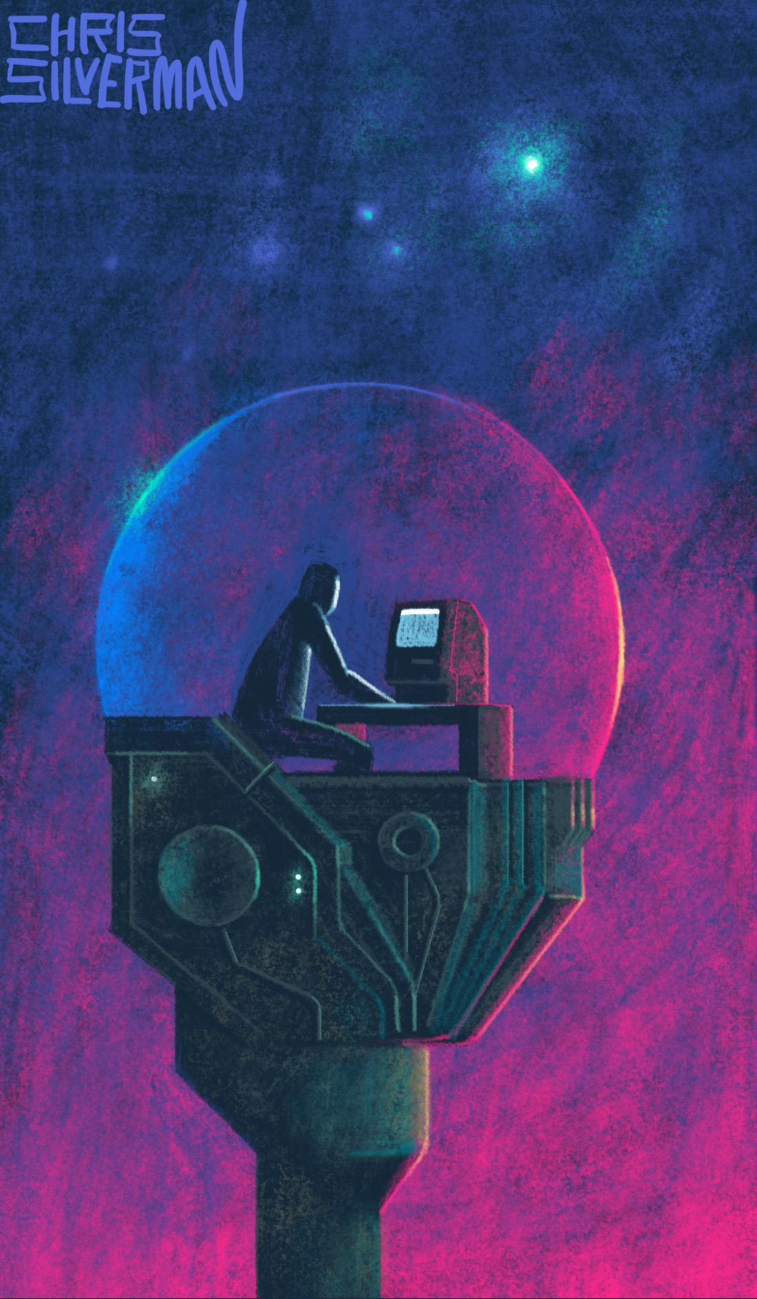 A person sits in a glass bubble on top of a gunmetal-green tower. The tower is complex and futuristic,  with various wires and details. The sky behind the tower is pink towards the horizon, fading to a dark blue. The bubble reflects both the pink light towards the horizon and a bluish light from above. There are a few glowing white lights in the sky that don't look like stars. The person is sitting at a desk in the bubble, working at a small retro Macintosh computer. They are illuminated by the white glow of the screen. The painting is signed "Chris Silverman".