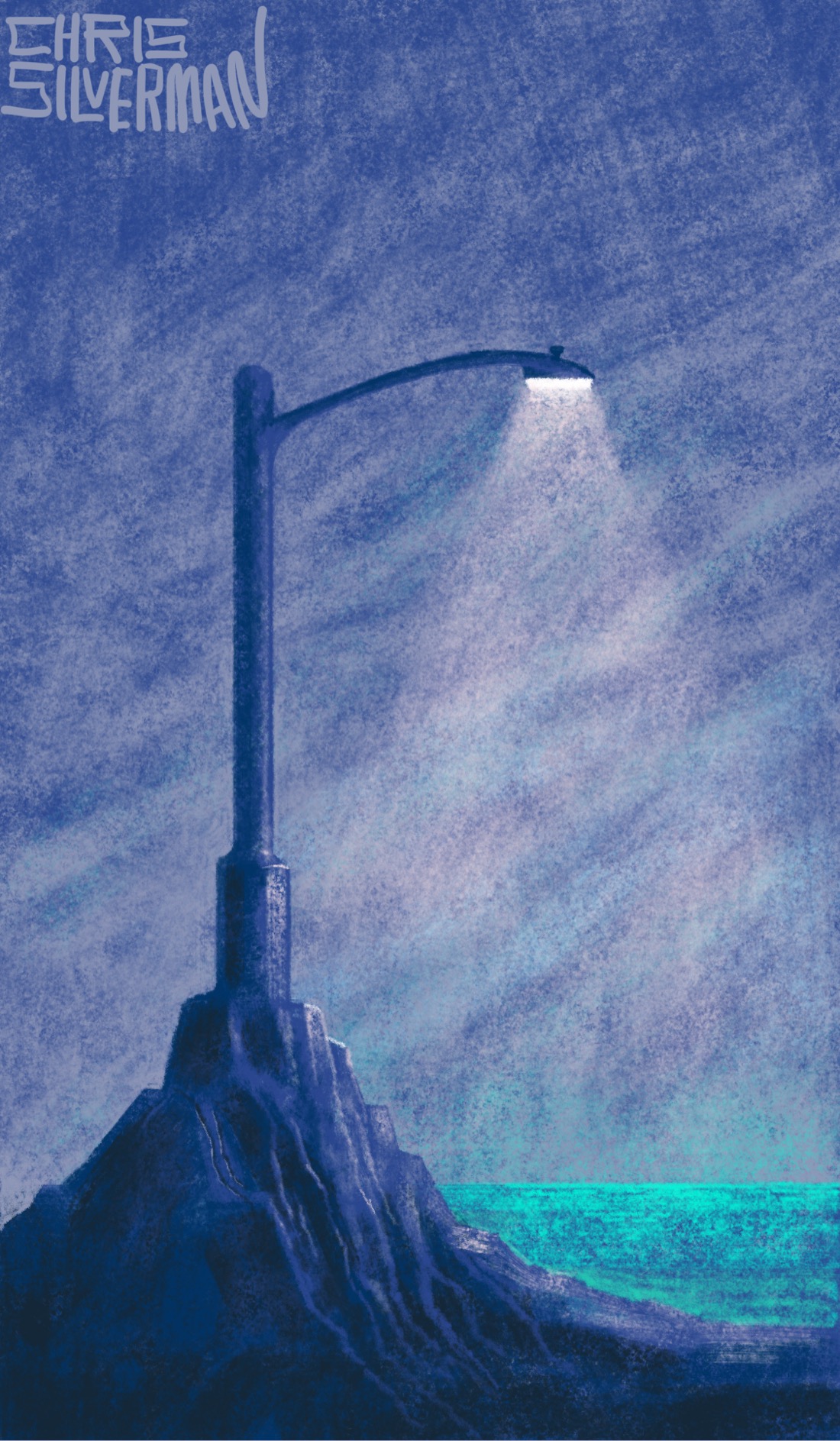 A dark gray cloudy evening, or maybe early morning. On a small rocky hill in front of an ocean stands a streetlight, looking completely out of place. It casts a dim, pinkish light onto the rocky ground around it. There are no other urban structures to be seen. The ocean is vast and a bioluminescent green. The painting is signed "Chris Silverman".