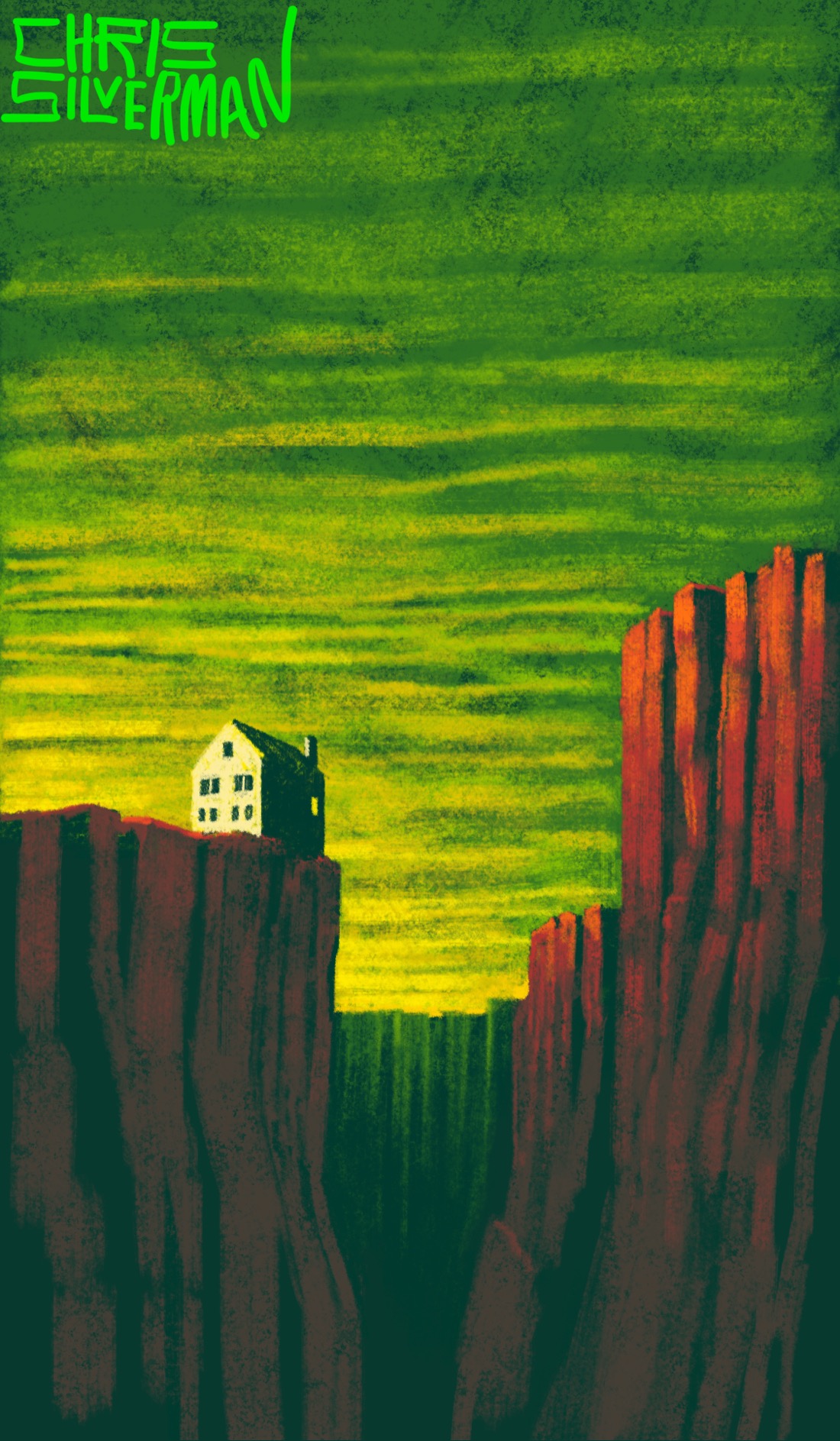 A deep canyon, with craggy reddish cliffs on both sides. The sunlight is coming from the left, turning the upper half of one of the cliffs a bright orange. The sky is heavily cloudy and an eerie yellowish-green. On the left cliff, so close to the edge it looks like it is about to fall off, sits a white three-story house, one side blazing in the late afternoon sunlight. On the darkened side of the house, one window is lit. The painting is signed "Chris Silverman".