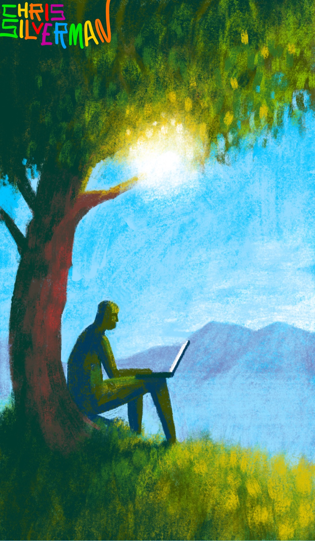 A person sits under a tree on a bright sunny day, working at a laptop. The person is sitting on a lush green hill. Above, the sunlight blazes through the leaves, producing a white-yellow glow. In the distance, a purple mountain range sits under a blue sky. This is an interpretation of Apple Computer's first logo, featuring Isaac Newton. The painting is signed "Chris Silverman" in rainbow lettering.