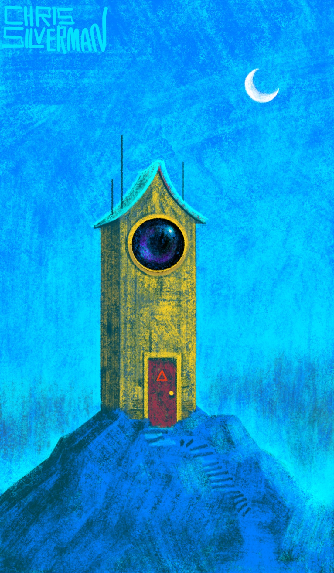 A tall, narrow tower with a pointed roof sits on a snowy mountain peak under a blue evening sky. The tower is yellow, with a small red door and steps leading down the mountain away from the door. At the top of the tower is a round, dark, shiny window that looks very much like a camera lens. Several antennae stick up from the roof of the house. In the background is the blurry suggestion of trees or other mountains. A white crescent moon sits in the sky. The painting is signed "Chris Silverman".