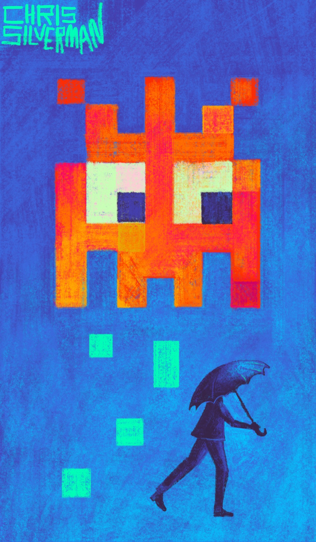 A dark blue background. Hovering above is a large, orange space invader: one of those blocky pixel monsters from the classic arcade game. It is dropping neon green blocks. Below it, running away from the blocks, is a person, not pixelated, carrying a black umbrella. The painting is signed "Chris Silverman".