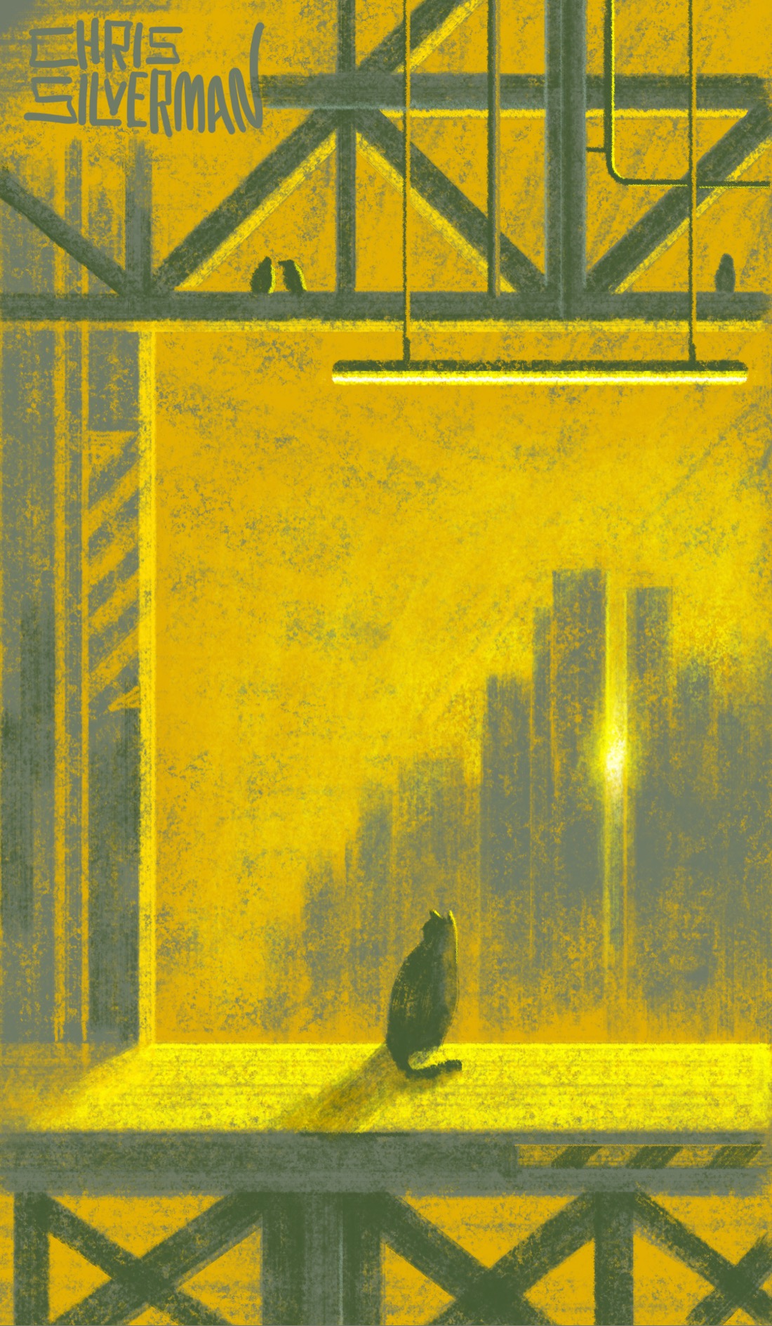 A platform in a train station. The platform is held up by a lattice of girders, and more beams hang above it. A long fluorescent light hangs above the platform. Several small birds sit among the beams. The platform is empty except for a cat. The sky is a gold yellow. In the distance is the skyline of a city, with the setting sun blazing white between two skyscrapers. The painting is signed "Chris Silverman."