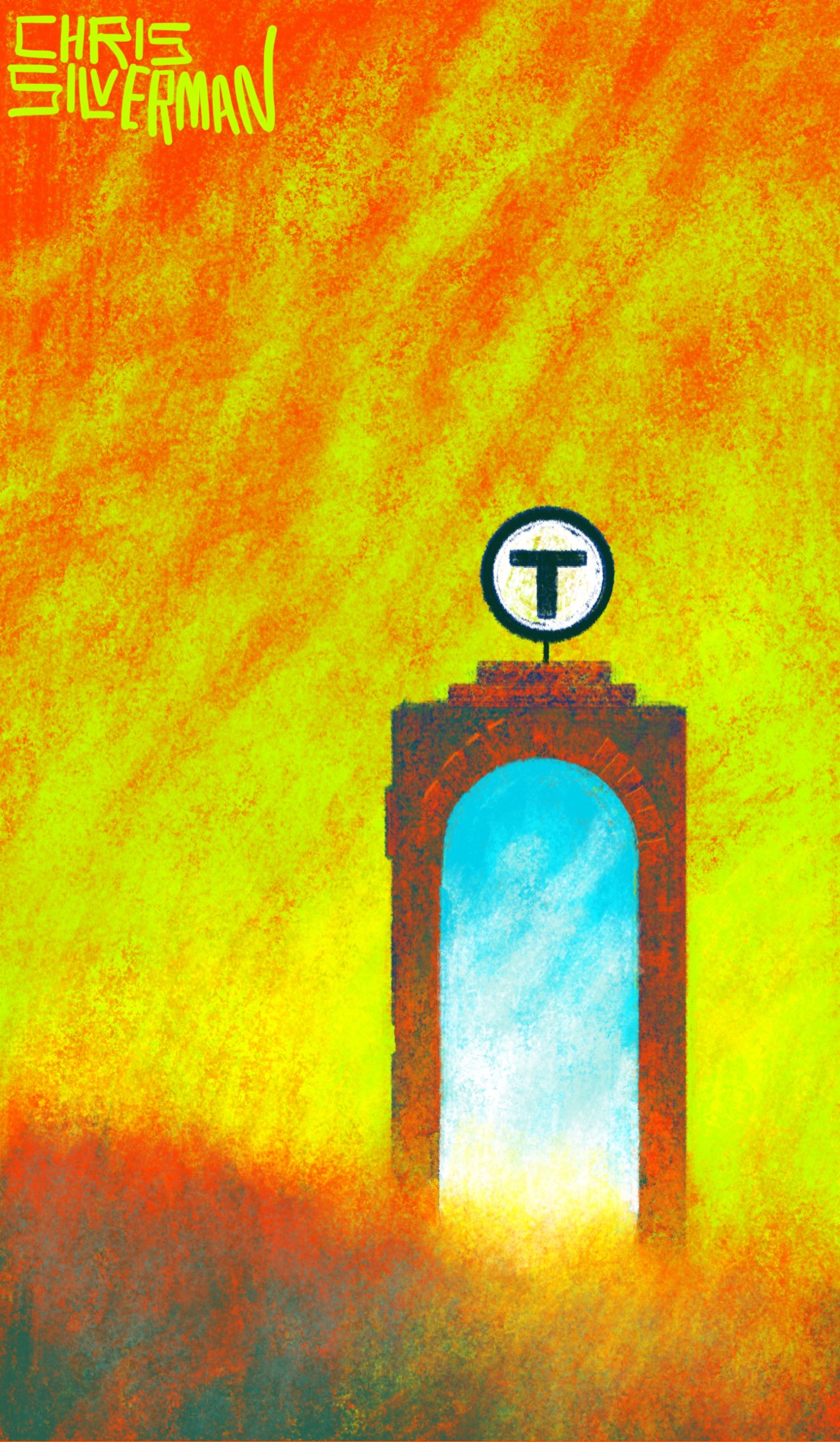A reddish meadow under a fiery orange-yellow sky. Standing in the middle of the meadow is a doorway that appears to be a portal. Through the doorway is an entirely different world; one with a blue sky and white clouds. The doorway casts a yellow glow across the red grass, and is made of orange brick. Attached to the top of it is a round white sign with a black letter T: the logo for the Boston subway system. The painting is signed "Chris Silverman".
