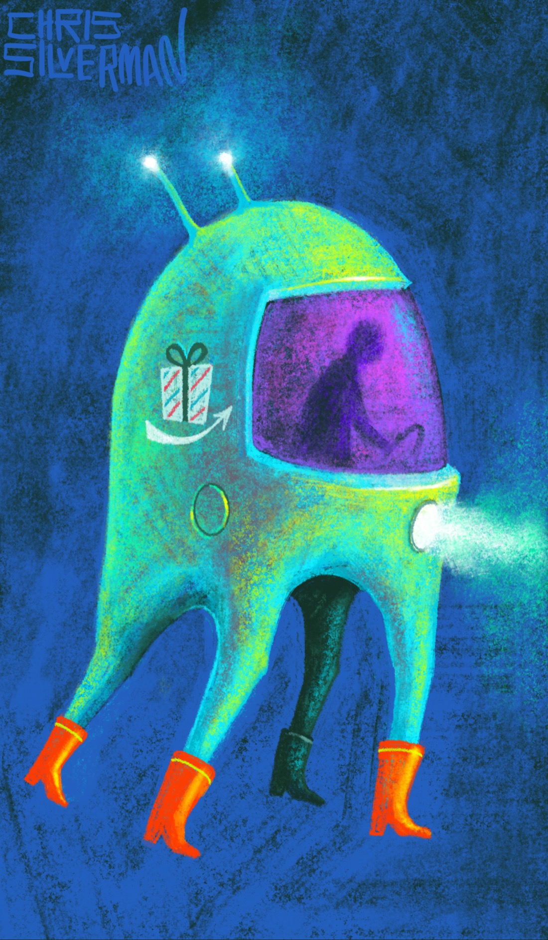 A person pilots an unusual delivery vehicle through the dark. The vehicle is an iridescent green and looks like a space helmet mounted on four legs. Each leg has an orange cowboy boot on it. The windshield of the vehicle is purple, and the driver is silhouetted behind it. On the side of the vehicle is a small round hatch, perhaps a fuel port, and a logo of a gift with a curved arrow under it. The vehicle has two antennae with glowing white lights on them, and a single round headlight that casts an intense white-green beam. The painting is signed "Chris Silverman".