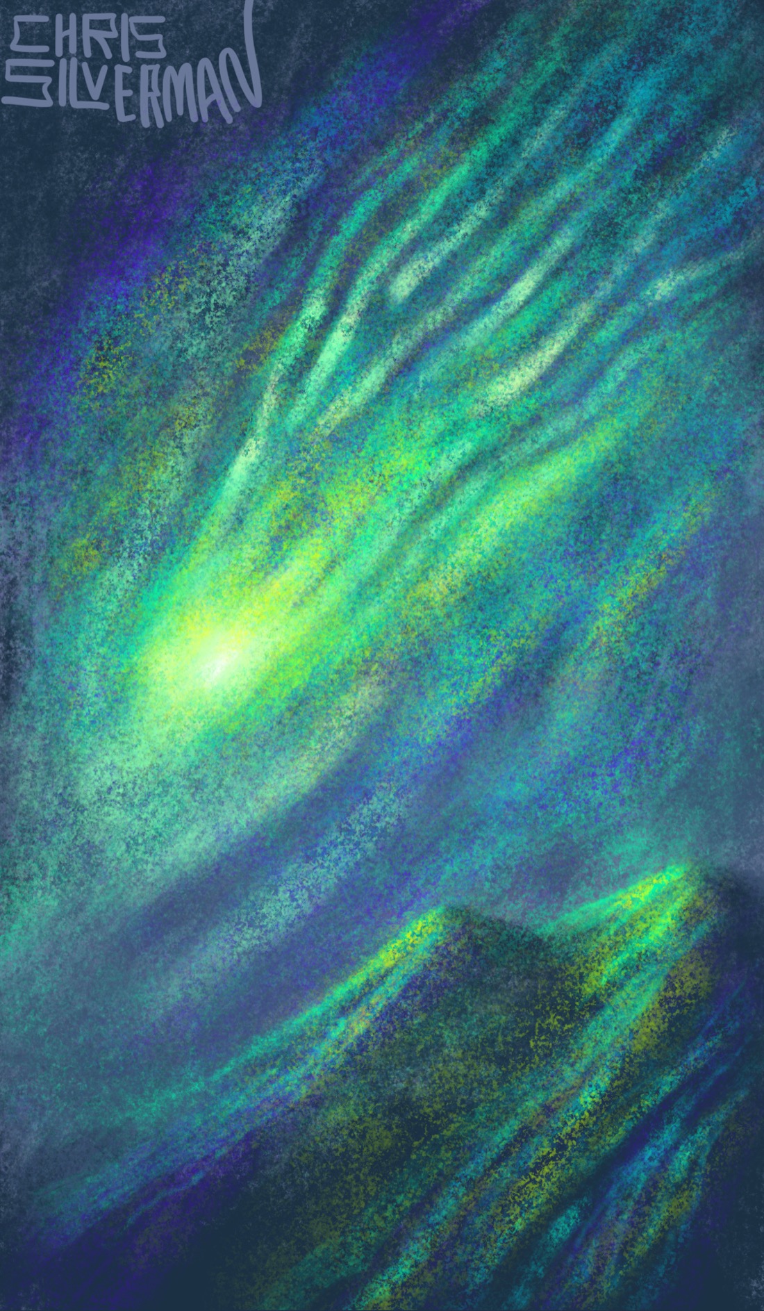 A comet, or some immeasurable celestial object, blazes down through the dark clouds towards a mountain range. It occupies nearly the entire sky: a glowing green flash trailing rivulets of greenish blue flame. The fringes are indigo. The mountain range reflects this color scheme: again, a mix of bright green and violet. The painting is signed "Chris Silverman".