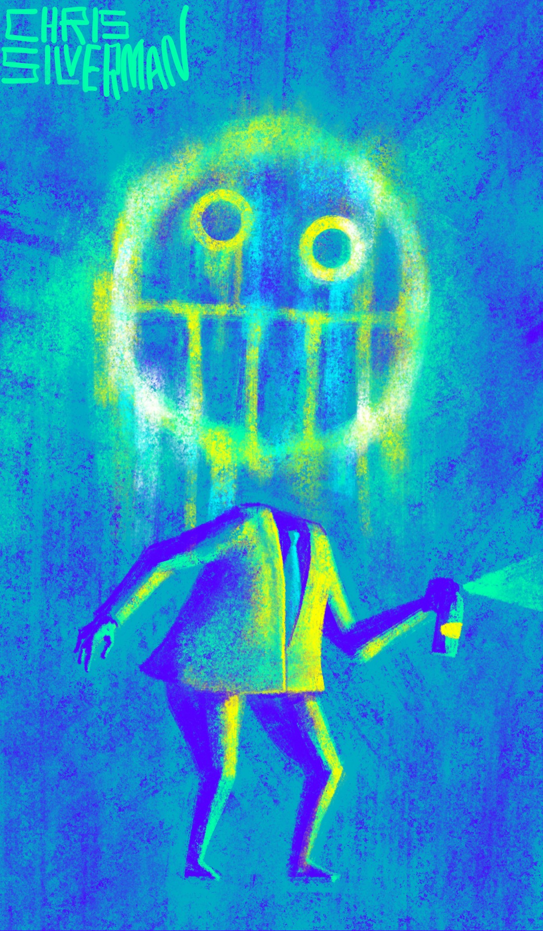 A headless person wearing a suit and tie stands in a dark blue space. They are lit yellow from the front, but the light source is not visible. The person is holding out a spray can, spraying neon green paint. Above the person, where their head would be, is a giant spray painted face, hovering in the air. The face is rough and spray-painted, rendered in shades of white, yellow, blue, and neon green. It is barely an emoji, with two round, staring eyes and a wide toothy mouth. The painting is signed "Chris Silverman".