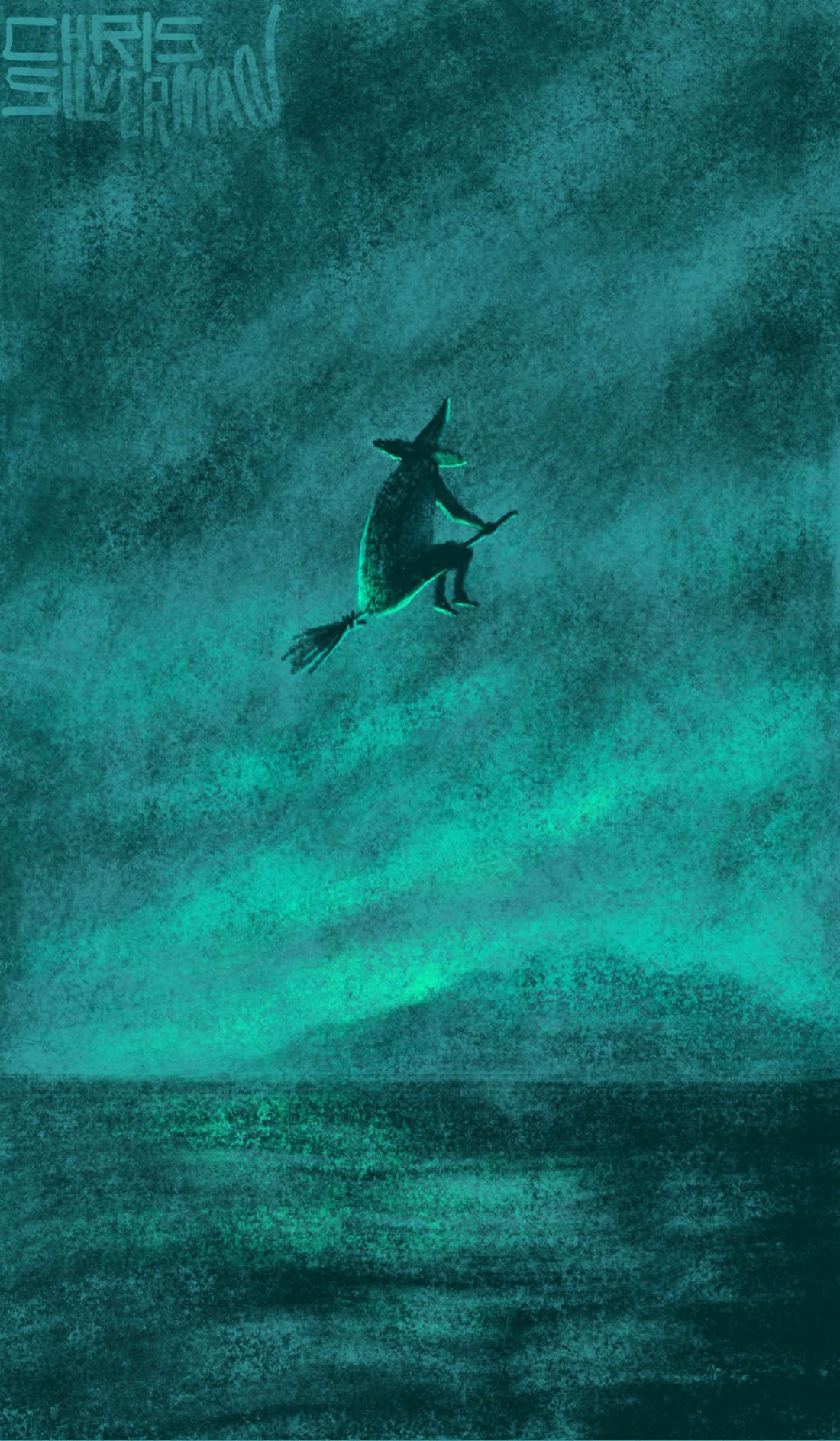 An ocean with a land mass in the distance, heavily shrouded in fog and clouds. What sunlight there is filters dully up from the horizon. The entire scene is in shades of eerie green. Flying over the ocean, lit from below, is a witch on a broomstick. The painting is signed "Chris Silverman".