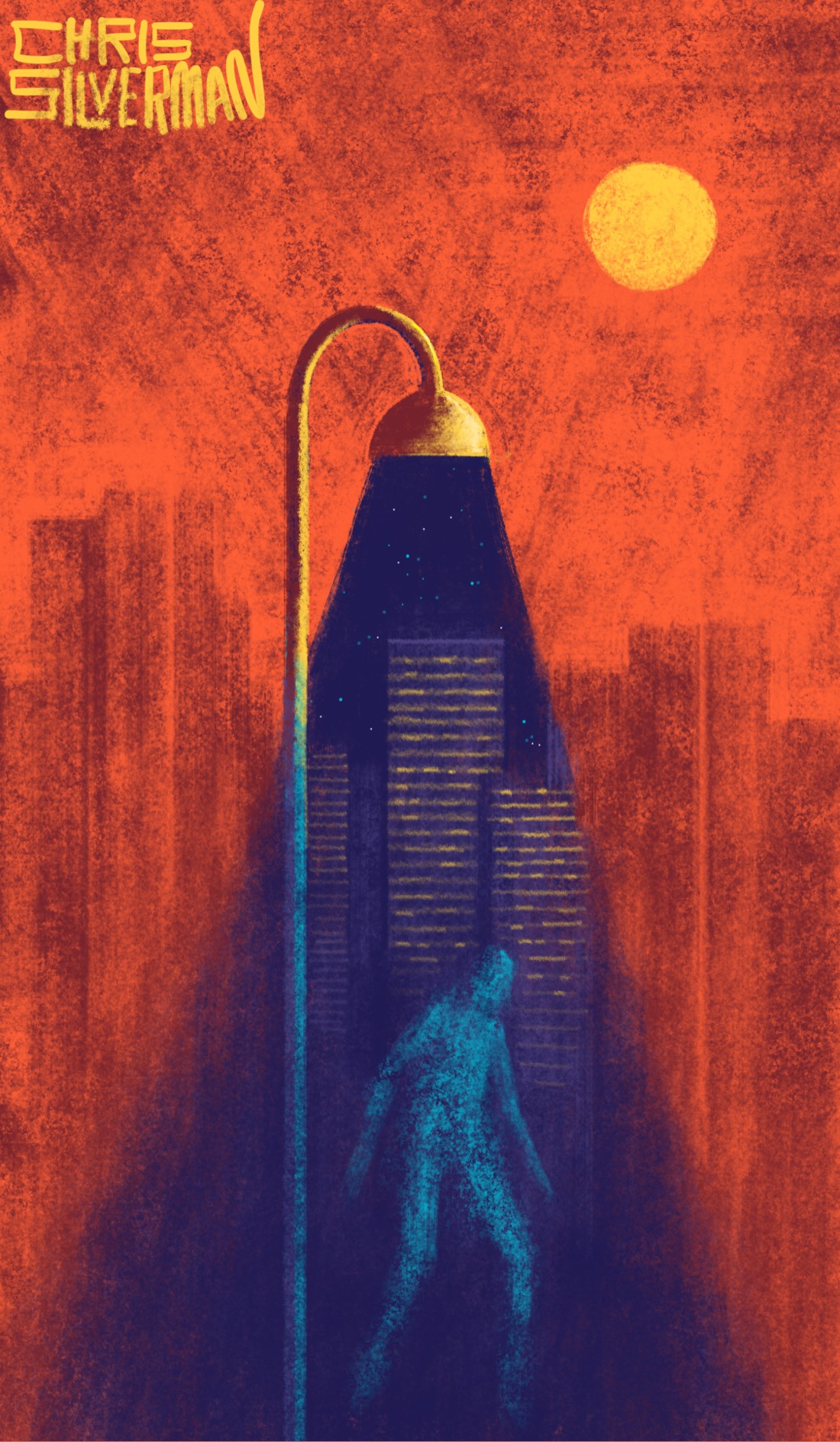 A bright, orange day in a city. A person is walking under a street lamp. In the background is a dark city skyline. What's unusual is that the street lamp is casting a cone of darkness instead of light, and the person is a ghostly amorphous blue. Within the darkness, distant buildings can be seen under a starry sky. The buildings have rows of yellow windows. The painting is signed "Chris Silverman".