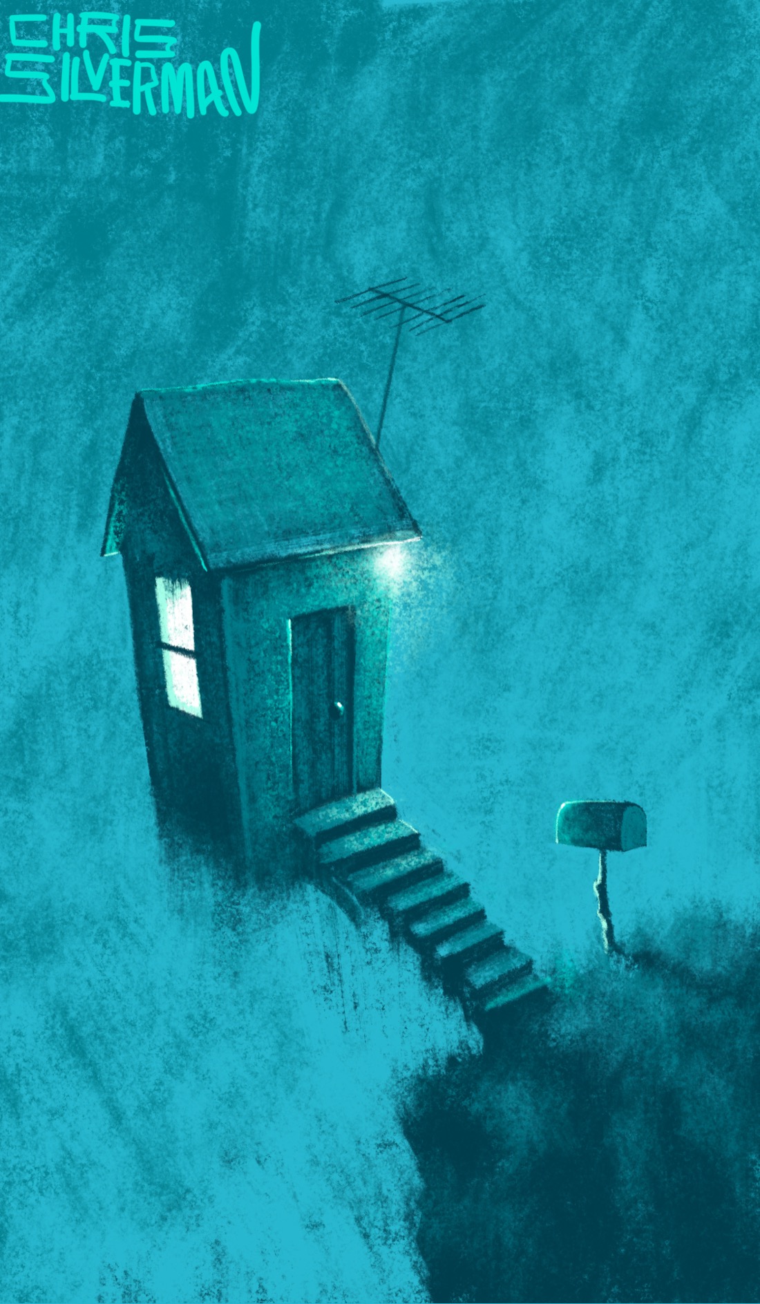A small shack hovers in space, several feet away from the edge of a cliff. It is tenuously tethered to the edge of the cliff by a rickety staircase. The shack has one glowing window, a television antenna, and a glowing white porch light. At the edge of the cliff, next to the staircase, is a small mailbox. This is a dark, teal painting, signed "Chris Silverman".