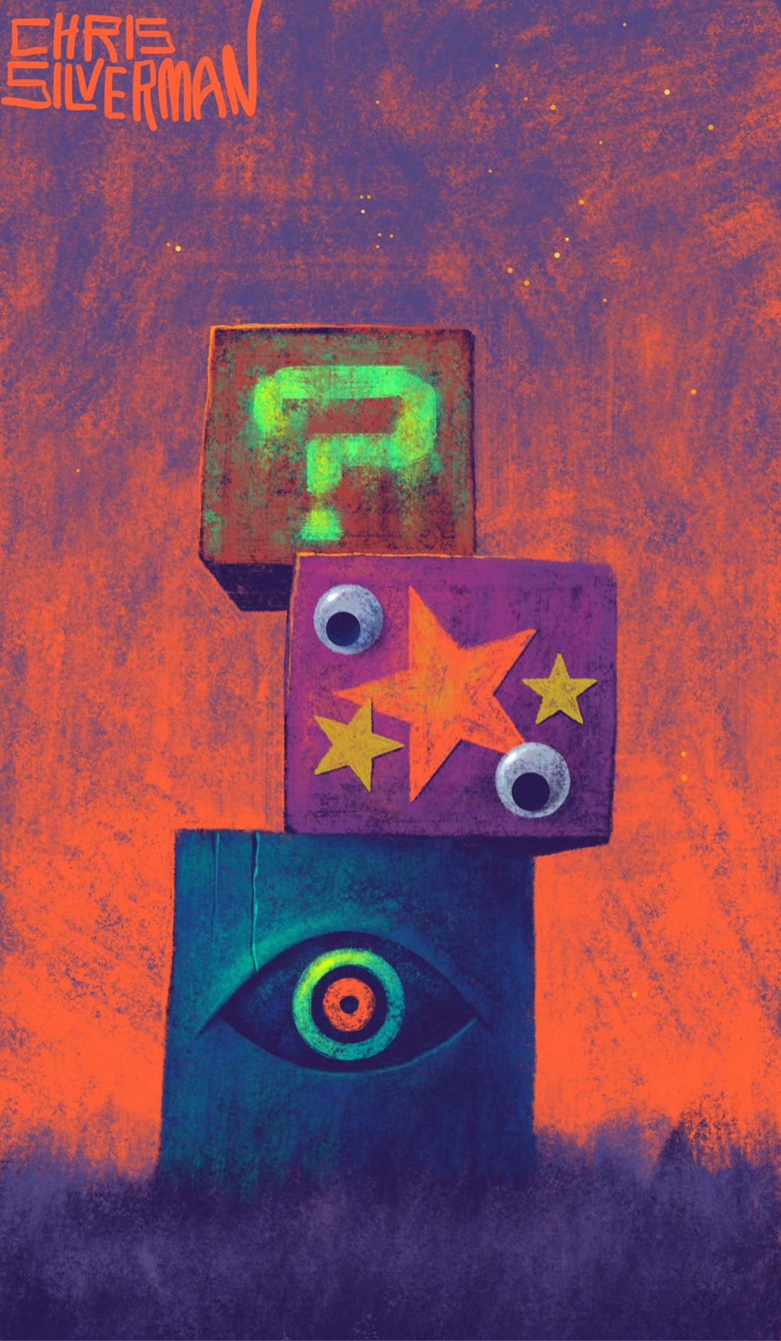 A darkening purple sky that still has a reddish glow. Placed in the middle of a dark purple meadow is a stack of three boxes. The lowermost box is blue, with a bright green and red eye on it. The middle box is purple, and has several orange and yellow stars, as well as two google eyes, stuck to it. The topmost box is a rusty red, and has a radioactive-green question mark painted on it in drippy paint. There are a few stars speckling the sky. The painting is signed "Chris Silverman".