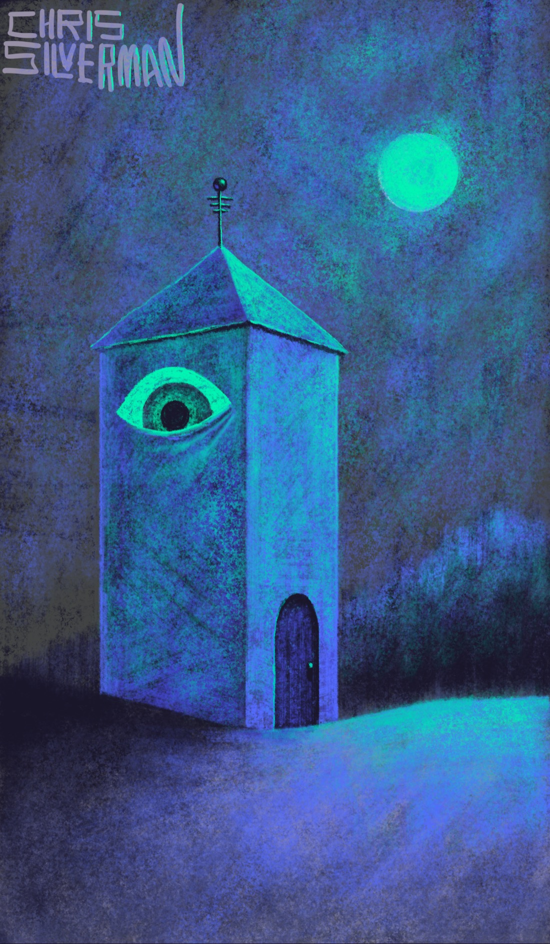 A dark night: a grayish sky, with a bright green full moon. In the foreground is a tall, blocky tower that looks like a tenement building with no windows and only one arched door. On the side facing the viewer is a green, glowing eye. At the pinnacle of the pointed roof is a small rod with a sphere and three crossbars. Behind the tower is a row of trees, illuminated by the moon. This is a primarily indigo and green painting, signed "Chris Silverman".