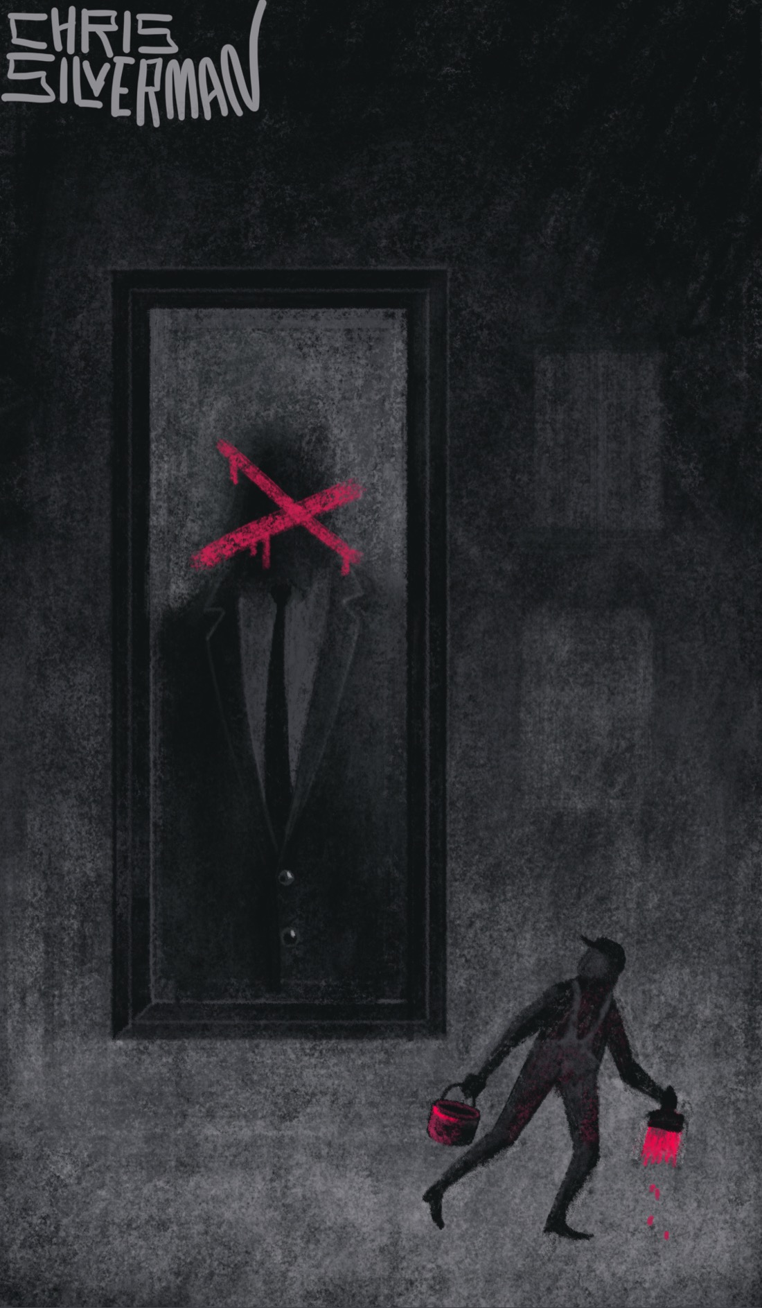 A very large, tall portrait hangs in a darkened hall. The portrait shows an imposing figure wearing a dark suit and tie. The figure's head is just a black blur, with a large red X crudely painted over it. To the right of the portrait on the wall are a few lighter patches where other pictures once hung. Below and to the right, running away from the painting, is a person wearing gray overalls and a hat. The person is holding a paintbrush with bright red paint, and carrying a paint can. This is a mostly black and gray painting, except for the red paint. It is signed "Chris Silverman".