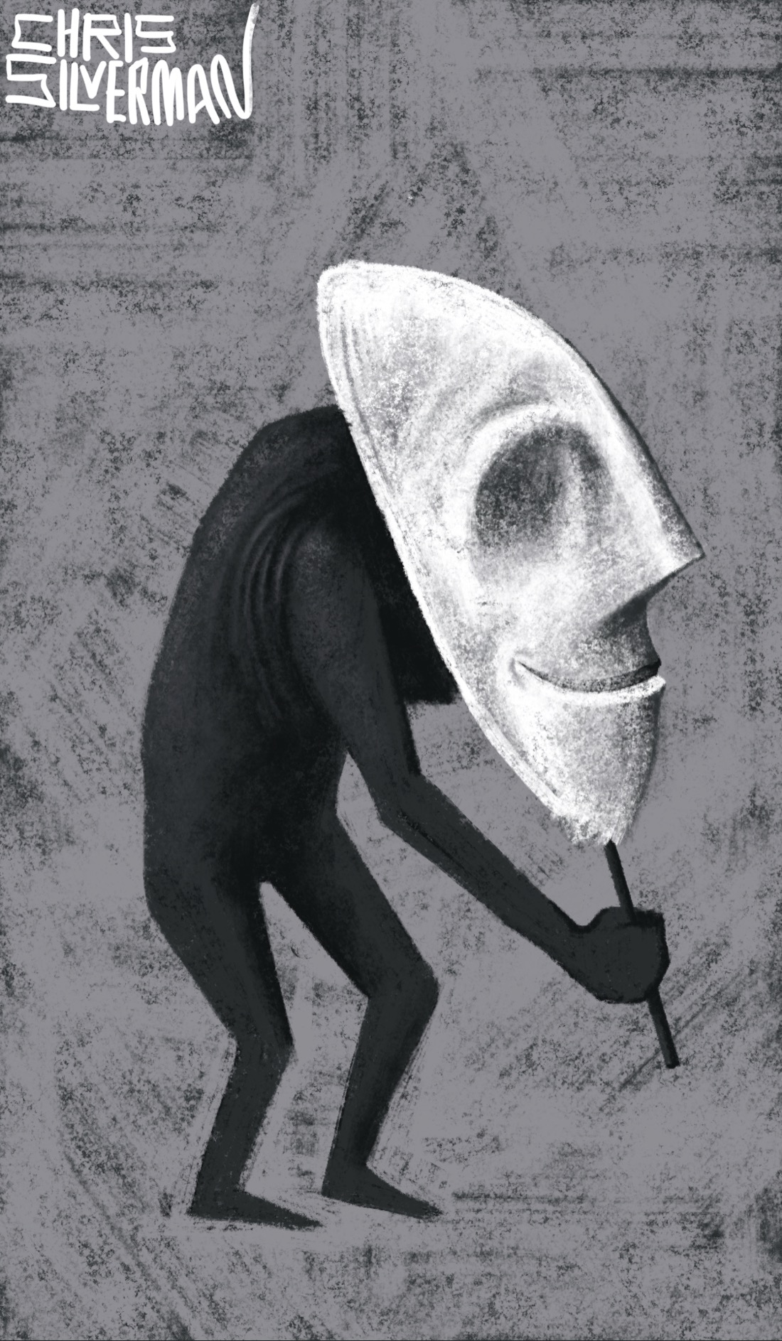 A dark, hunched figure holds a white mask over its face. The mask has a strange smile and does not have any eye holes. The figure itself has smooth dark gray skin that wrinkles around its shoulders, as though it is wearing a suit of some sort. It is standing against a light gray background. The painting is signed "Chris Silverman".