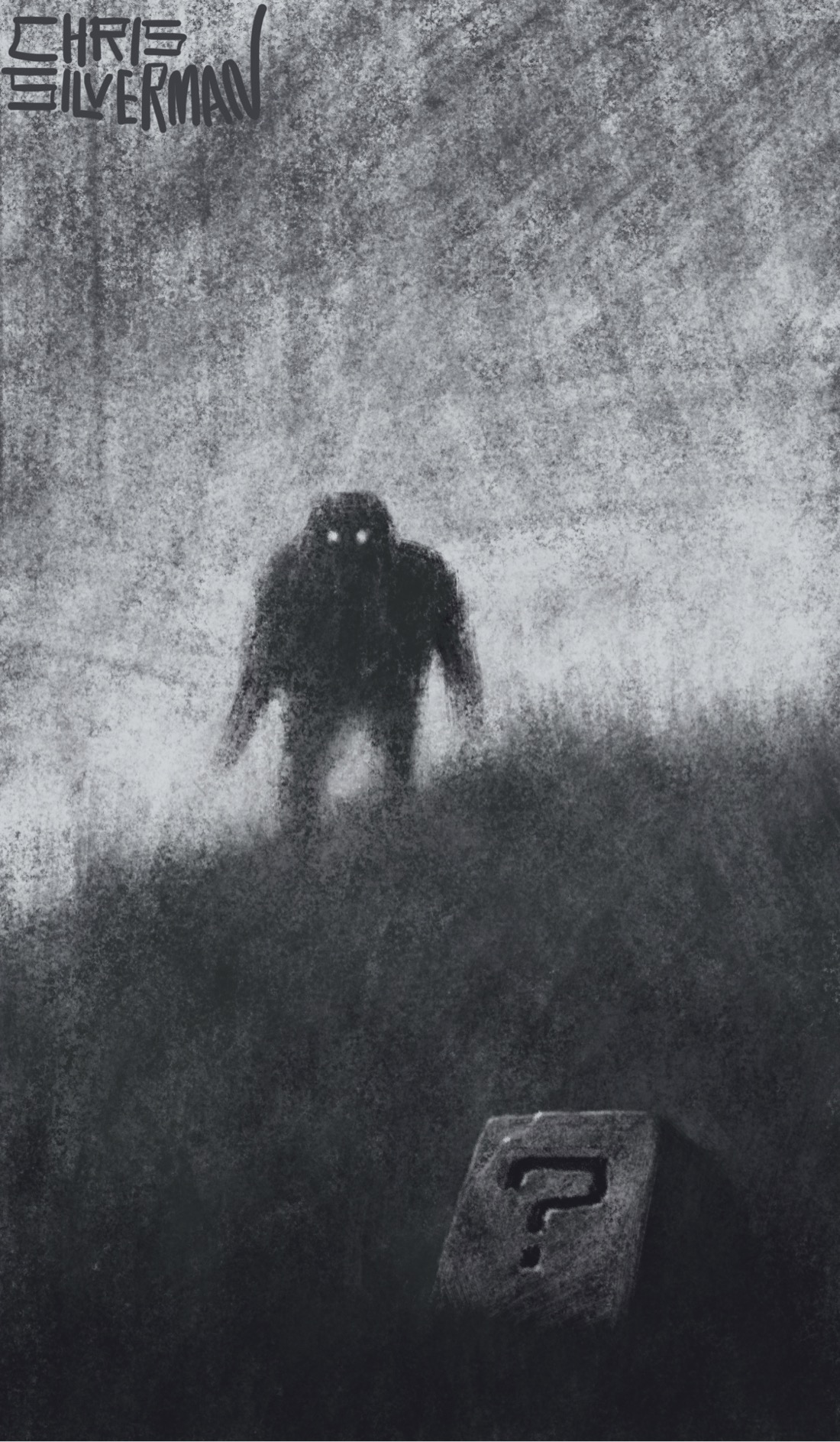 A dark, grassy hillside under a gray sky. In the foreground is a stone cube with a question mark engraved on it, similar to the question boxes seen in Nintendo's Mario games. Standing in the distance, on the top of the hill, is a dark silhouette with glowing eyes. This is a grayscale painting, signed "Chris Silverman".