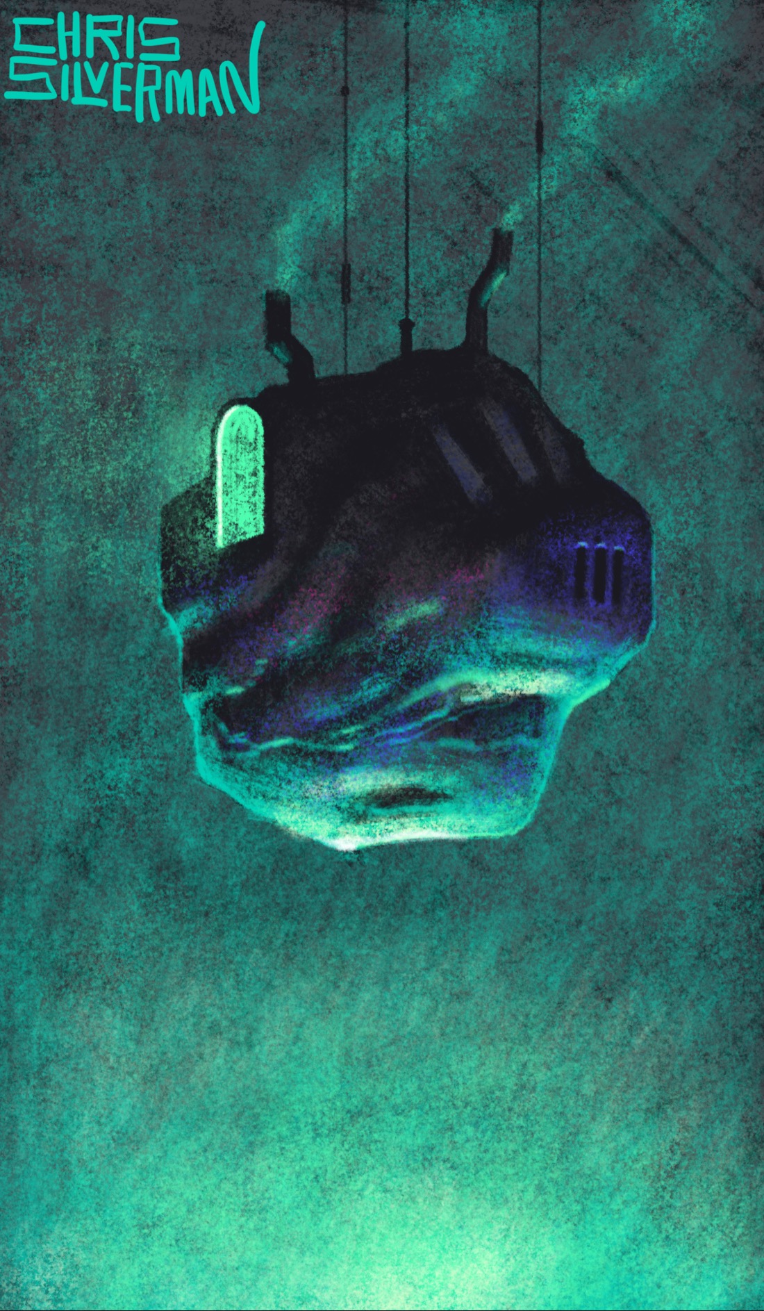 A strange, misshapen object hangs in a dark space, suspended by several thin cables from something unseen. The object is somewhere between artificial, geological, and organic: looks sort of like an asteroid but with softer curves, as well as vents and pipes sticking out of it. It has two chimneys, both of them emitting smoke. On the left is an arched window, glowing green. The object is mostly dark, but is lit green from the underside, with iridescent shades of indigo. Below is a diffuse glowing green light. The painting is signed "Chris Silverman."