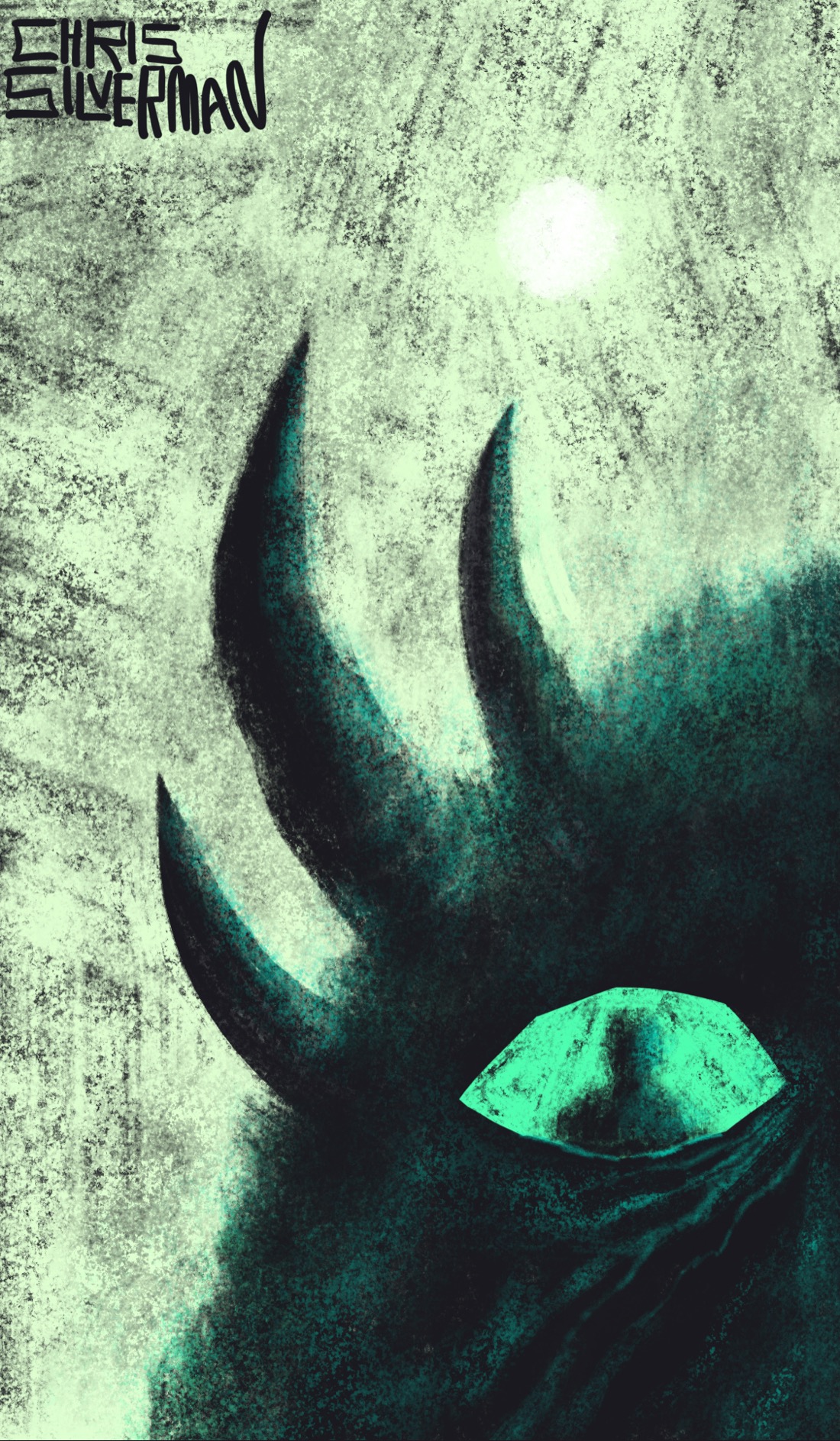 A closeup of the right half of the face of a black furry creature with a green eye and three curved horns. Only the creature's eye is visible. They are standing against a pale green sky with a bright white sun. Where their iris would be is the blurry silhouette of a person. The painting is signed "Chris Silverman".