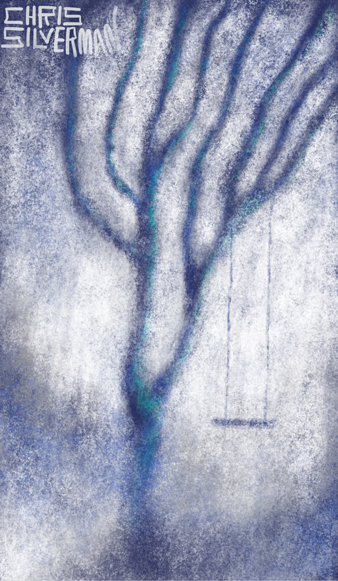 An eerily blurry scene: a tree with long, thin, wavy branches stands against a white sky. Hanging from one of the branches is a crude swing with nobody on it. The entire scene is rough, grainy, and rendered in shades of dark blue, gray, white, and tinges of green. The painting is signed "Chris Silverman".