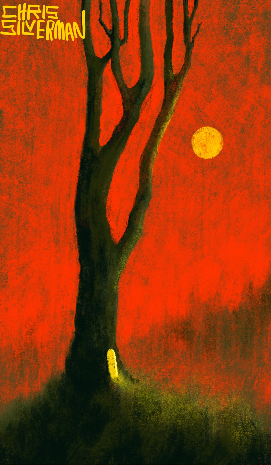 A thin tree with only a few tall, straight branches and no leaves stands against a red sky. A yellow sun, or maybe a full moon, sits in the sky above a blurry treeline. At the base of the trunk is a small arched doorway glowing yellow, casting a yellowish light out onto the grass. The painting is signed "Chris Silverman".