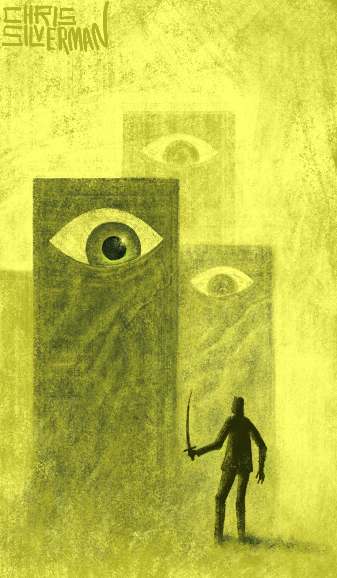 Three tall rectangular objects that look sort of like skyscrapers stand at varying distances against a yellowish green sky. They are not buildings, and have no windows. Each has an uneven surface texture, and a single eye at the top. All three are staring at a figure in front of them, holding a sword. The painting is signed "Chris Silverman".