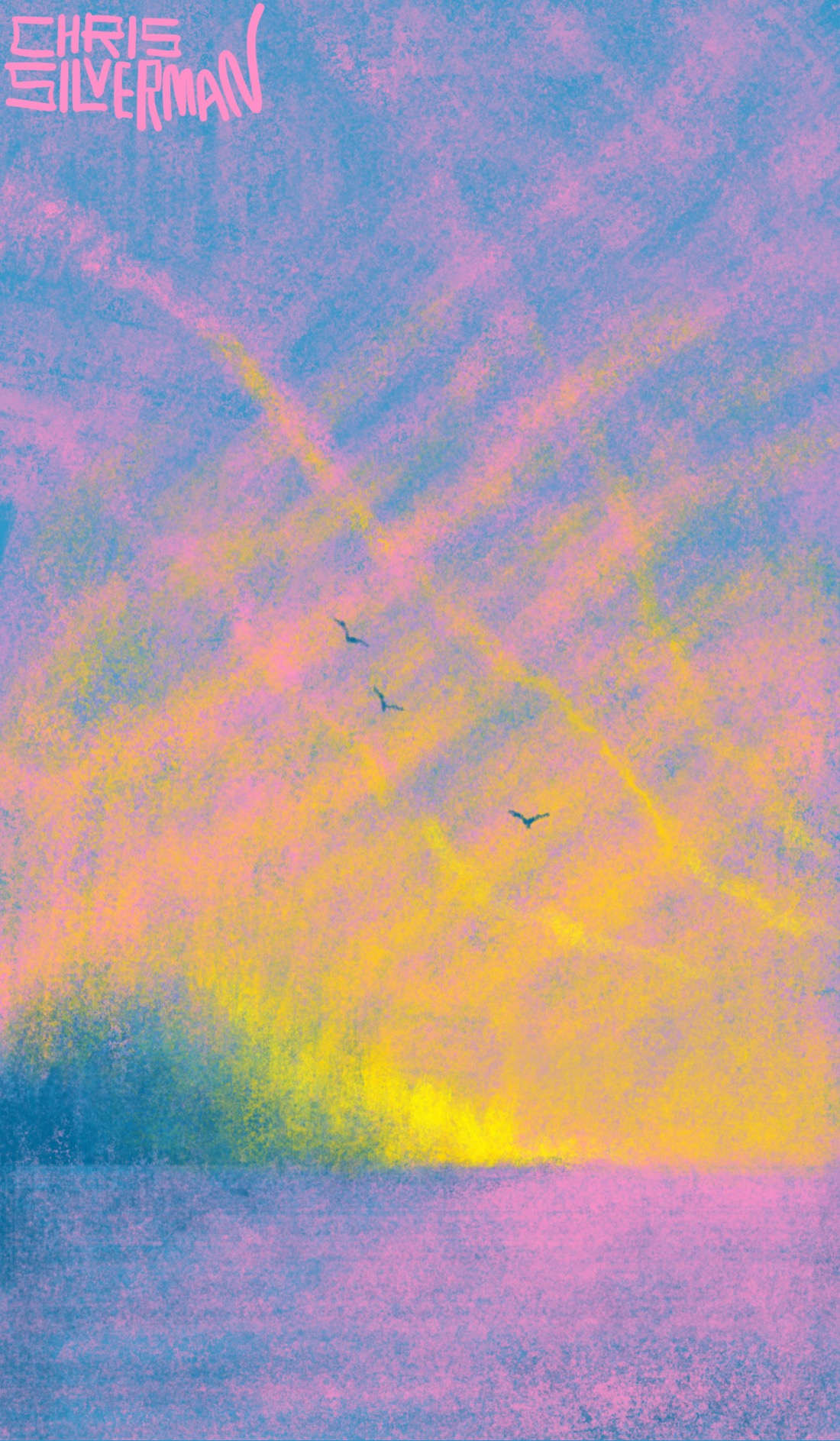 A scene at dusk. The sky is blue transitioning to pink, with bright yellow on the horizon. Also on the horizon is a row of trees, blazing yellow in the last sunlight. Stretching across the sky are three long contrails, shifting from pink to yellow. A few birds circle in the sky. The landscape is flat and barren, and could be either a plain or a body of water. The painting is signed "Chris Silverman."