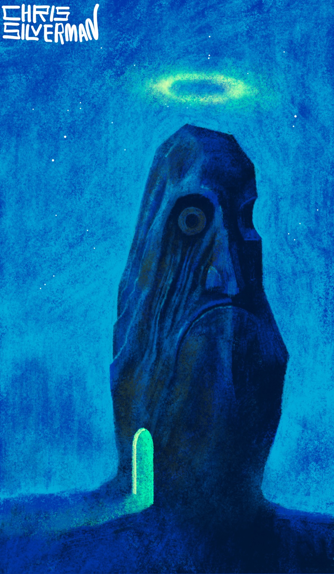 A tall boulder with a craggy, frowning face carved into it stands under a clear blue night sky. On the left side of the boulder is a small arched doorway casting pale green light out onto the ground. Hovering above the boulder's head is a glowing green halo. A few foggy trees are visible in the background. The painting is signed "Chris Silverman".