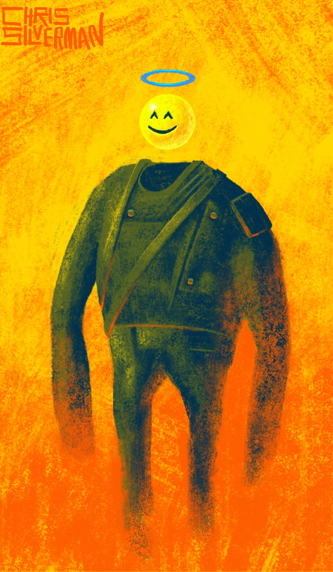 A massive figure with long, heavy arms, dressed in some sort of khaki combat gear, stands in the middle of a fog of red and yellow fire. The figure does not have a head. Hovering above its empty neck is that smug-looking emoji with a blue halo. The painting is signed "Chris Silverman".