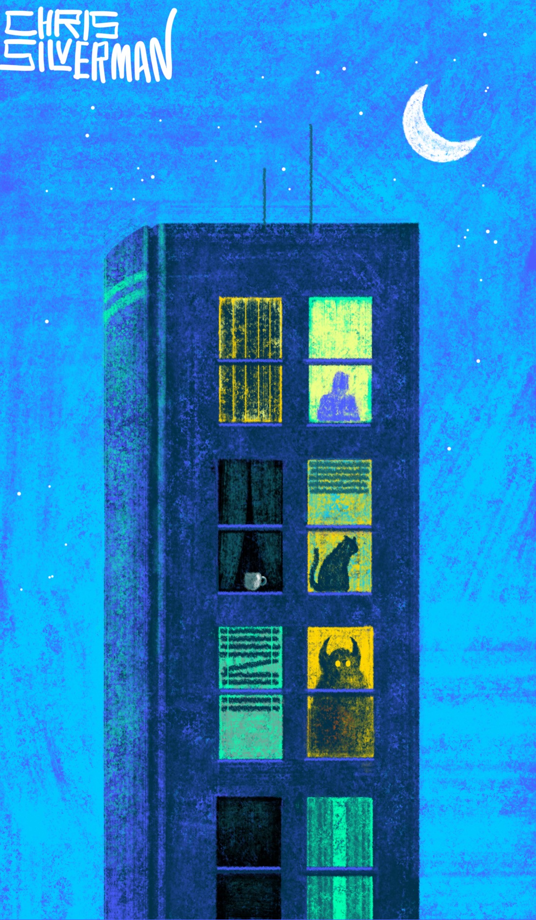 A tenement building against a bright blue night. A white crescent moon sits in the top right of the sky. On closer inspection, the tenement is actually a book, with two greenish bars on the spine. There are multiple windows on the cover of the book, with different colored light. Some of the windows are dark or have curtains or blinds drawn. In the windows are various entities: a person, a cat, a monster, a teacup. The painting is signed "Chris Silverman".
