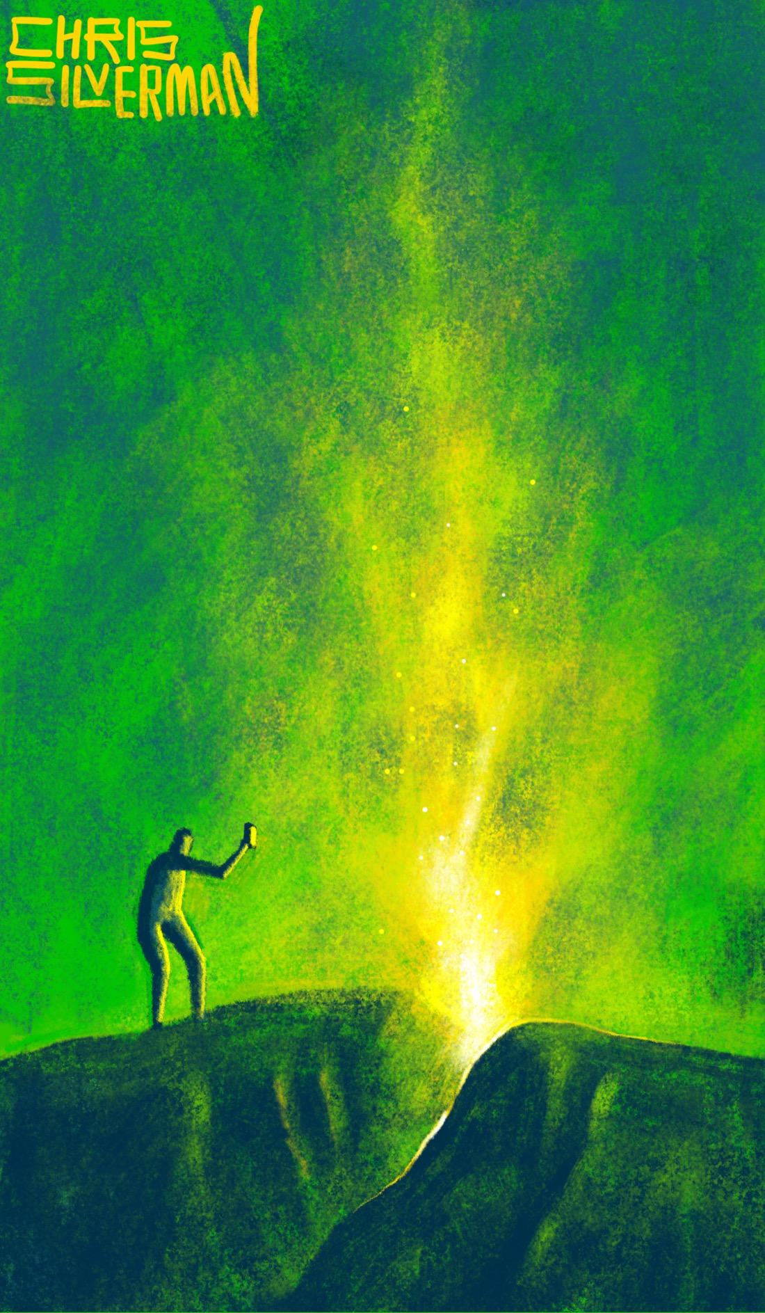 Yellow-white fire explodes into a green sky, erupting from a crack between two rocks. Standing to the left is a small figure, filming the scene on its phone. The painting is signed "Chris Silverman".