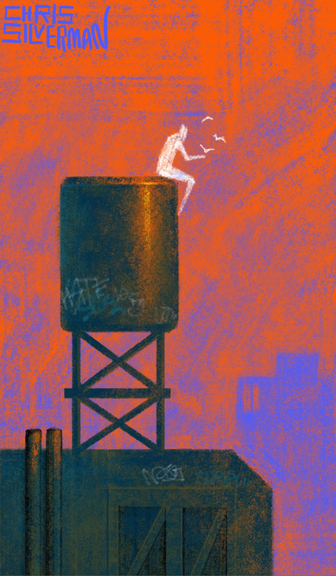 An industrial scene: a grungy building with a water tower on top, set against a dull reddish-orange sky. The water tower glints in the sunlight. Both the tower and the building have fading graffiti tags on them. In the background is the blurry purple outline of another factory building. Sitting on top of the water tower is a ghostly white figure, feeding some white birds. The painting is signed "Chris Silverman".