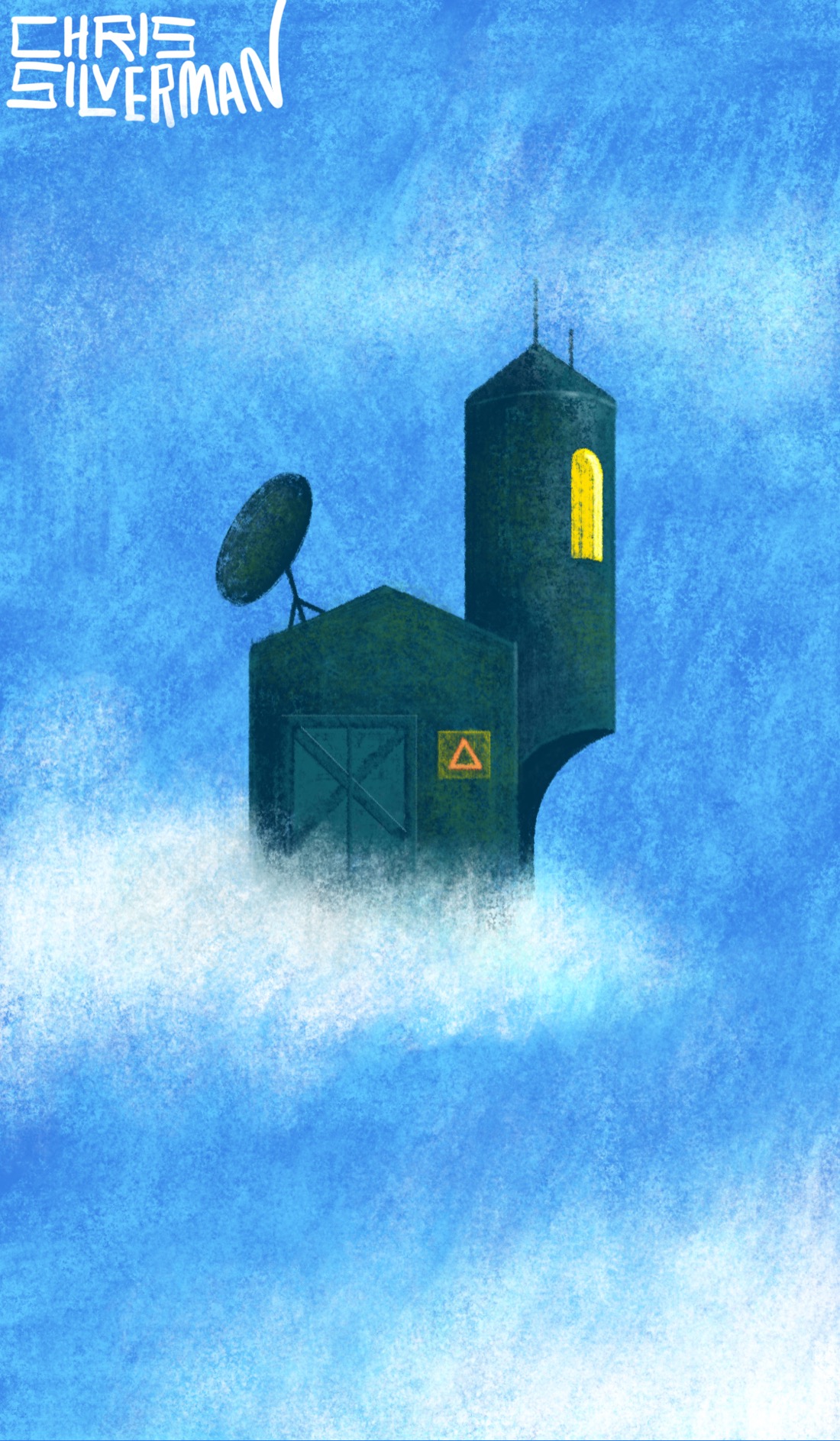 A castle in the clouds, except the castle is a drab, grim structure with a tower. The tower has a narrow yellow window on the right side. The door of the structure is wide, with two crossed beams like a barn door. Next to the door is a small yellow sign with a red triangle on it. A dish antenna is sticking out of the roof. The castle sits on a fluffy cloud, in the middle of a blue sky. The painting is signed "Chris Silverman".