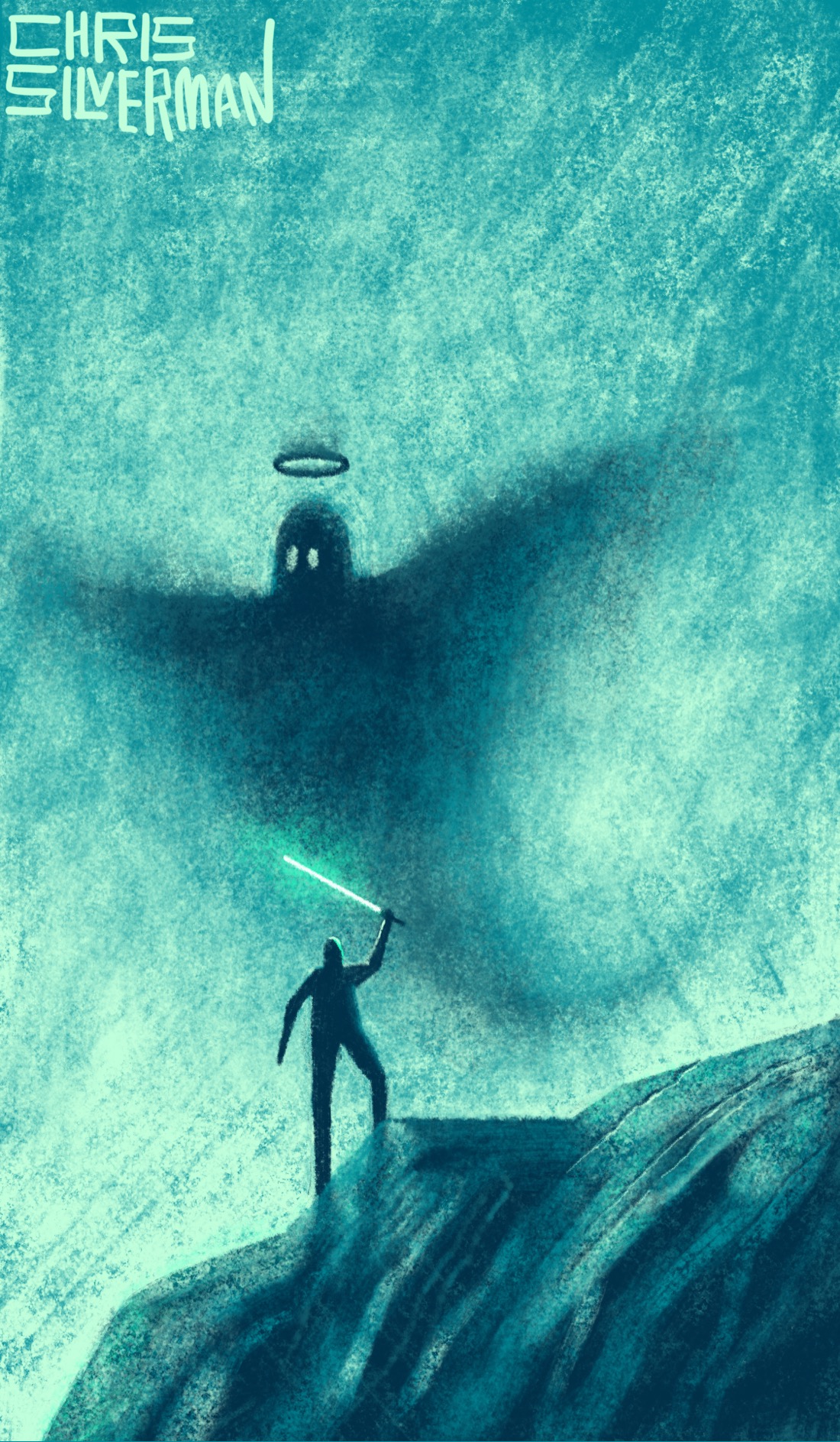 A rocky mountainside. Looming over the mountainside against a pale green sky is a vast, black ghost with glowing eyes, arms spread. Below it, brandishing a glowing green light saber, is a small figure. The painting is signed "Chris Silverman".