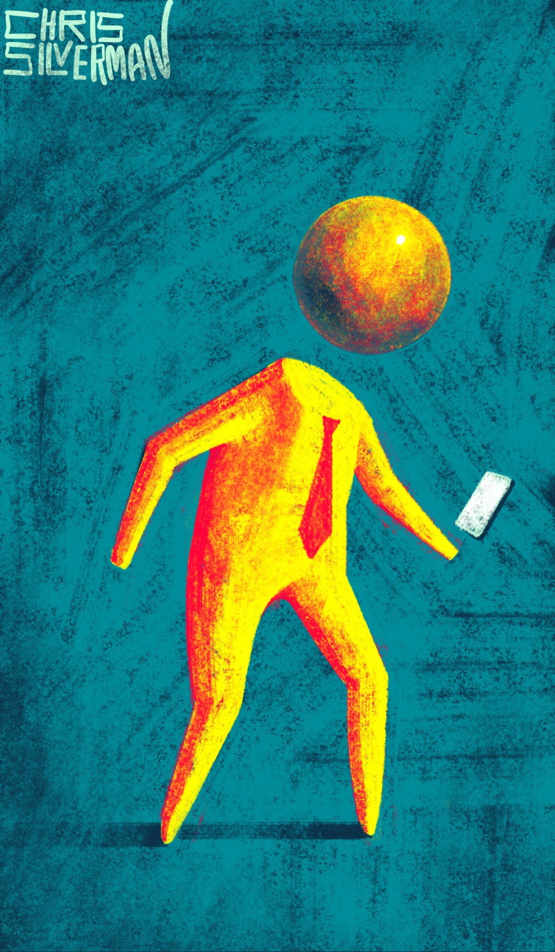A reddish-yellow humanoid figure that looks like it is made out of modeling clay walks in a dull teal space. The figure's pose is roughly similar to a "walk" icon on a traffic signal. It is wearing a red necktie. Its head is a featureless, slightly grungy sphere floating above a flat neck. It appears to be holding a phone, although "holding" is a loose term, considering that the phone is floating in front of the end of its arm, which is smooth with no hand. The figure is casting a long dark shadow. The painting is signed "Chris Silverman".