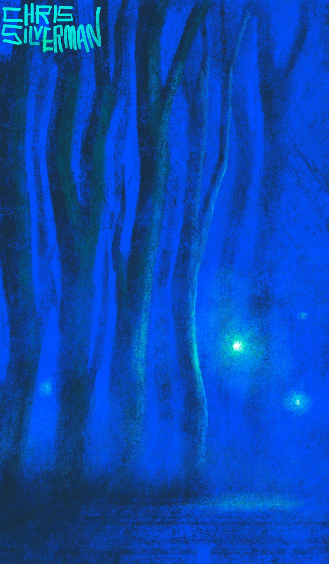 Heavy woods, a blue evening, many densely packed trunks of trees. Flitting among the black trunks are small green glowing orbs. A low fog covers the ground. The painting is signed "Chris Silverman".