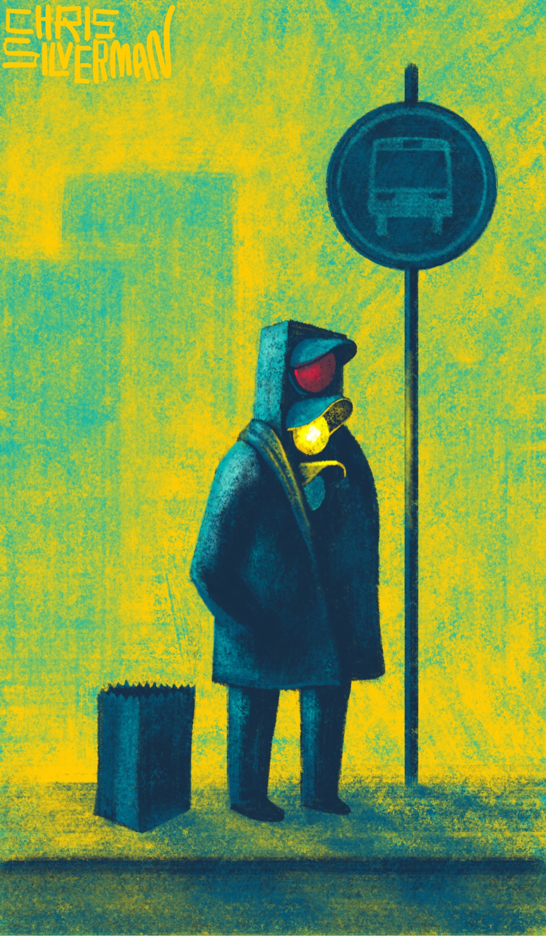 Late afternoon in a city. The sky and surrounding environment are golden yellow, with tinges of blue. In the background are a few blue skyscrapers. A person with a traffic light for a head stands on a curb next to a round blue sign with a bus icon on it. The person is wearing a dark coat. The orange bulb on the person's traffic light face is lit. Next to the person is a small paper shopping bag. The painting is signed "Chris Silverman".