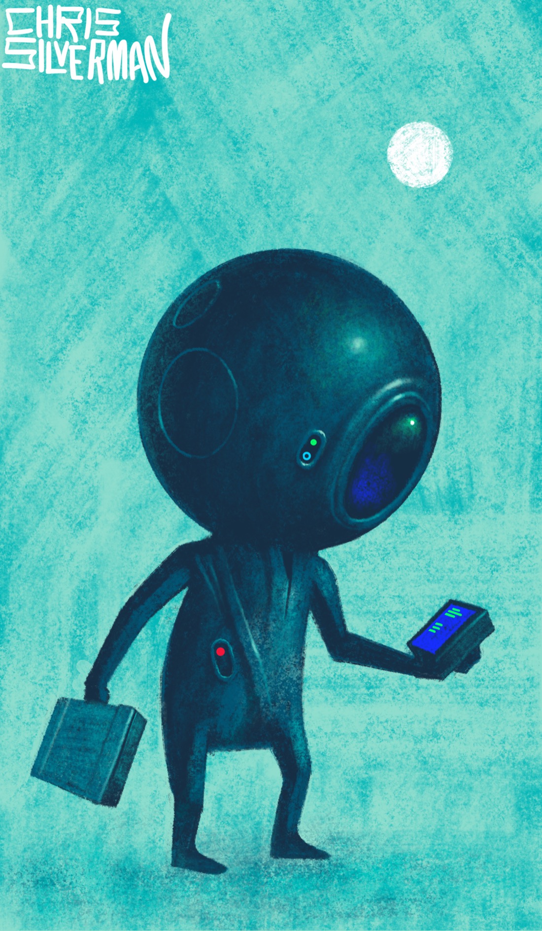 A small figure wearing a disproportionately large spherical helmet stands in a light blue space, studying a device in its hand. The creature is wearing a shiny gray space suit. Both the helmet and suit have small glowing lights and details on them. The face plate of the helmet has a bluish sheen to it. The device of the creature is studying is small and boxy, with a blue screen that has indecipherable green lettering on it. The creature is also carrying a briefcase. A round white celestial object sits in the sky. The painting is signed "Chris Silverman".