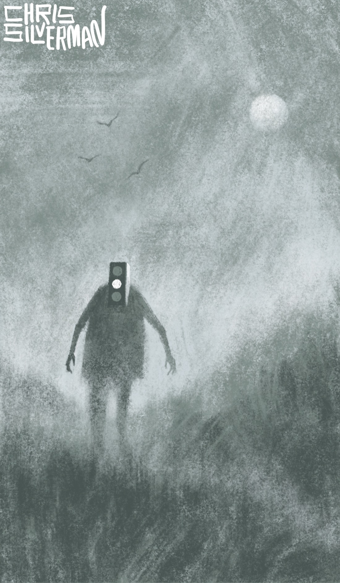 A vast gray hilly meadow under a vast gray cloudy sky. Wandering through the meadow is a tall figure with a traffic signal for a head. The orange signal is lit. A few birds circle overhead. A hazy sun sits in the top right. The painting is signed "Chris Silverman".