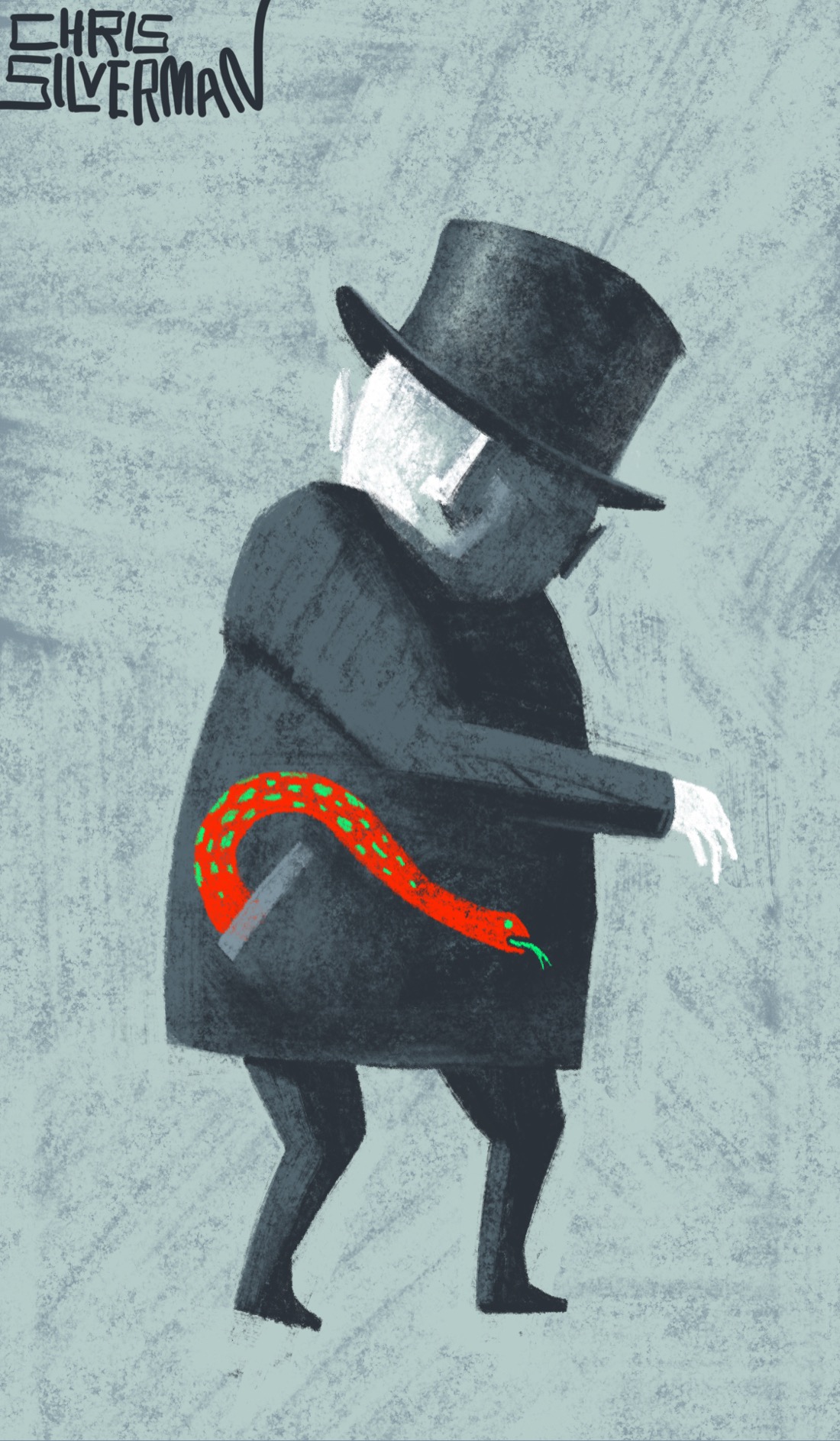 A blank-faced figure wearing a sizable black top hat and a dark suit glances down at a bright red snake with green spots coming out of its pocket. The figure appears surprised, but it's hard to tell what it's thinking since the only visible facial feature is a nose. The background is a light gray. The painting is signed "Chris Silverman".
