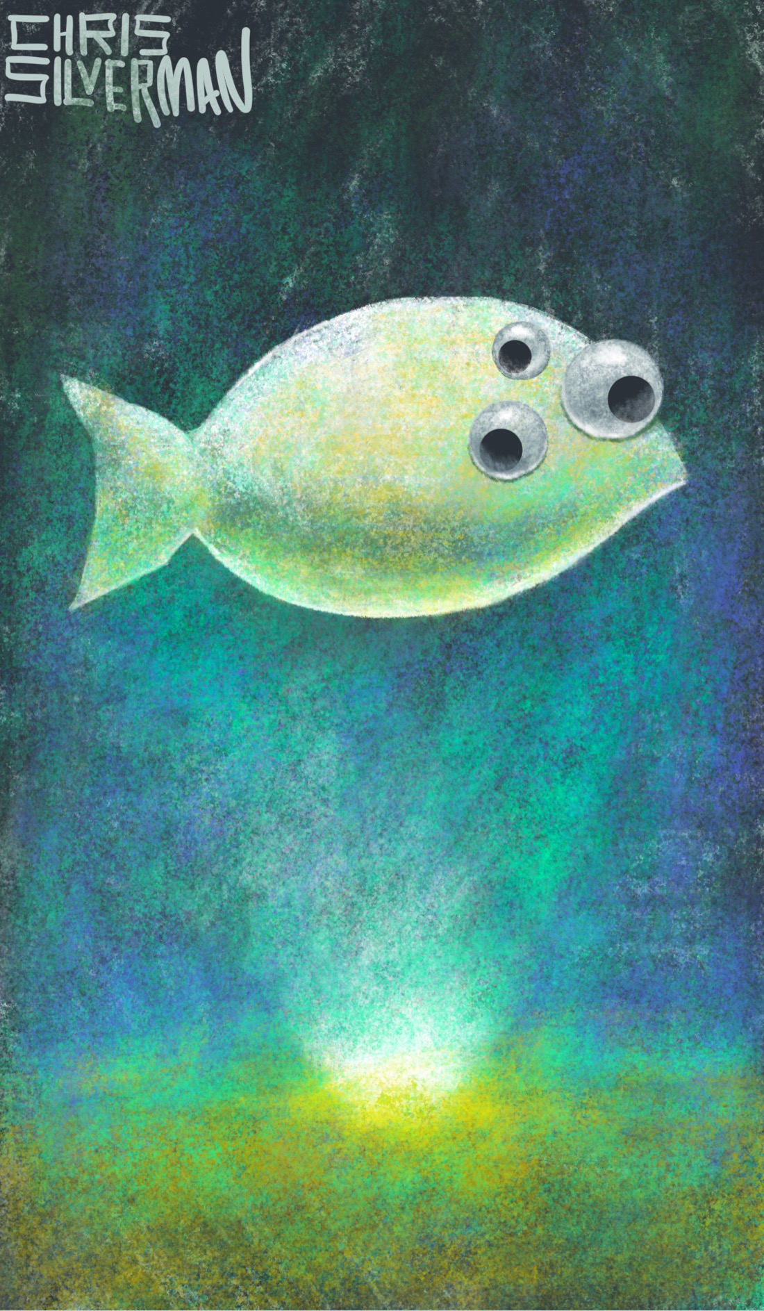 A white fish with tinges of yellow and green hovers in a dark space. The fish has three eyes, and all of them look like the googly eyes from a craft store. Below the fish is a hole in the ground through which white light is blazing. The ground is a blurry greenish-yellow color, with indigo tinges. The painting is signed "Chris Silverman".